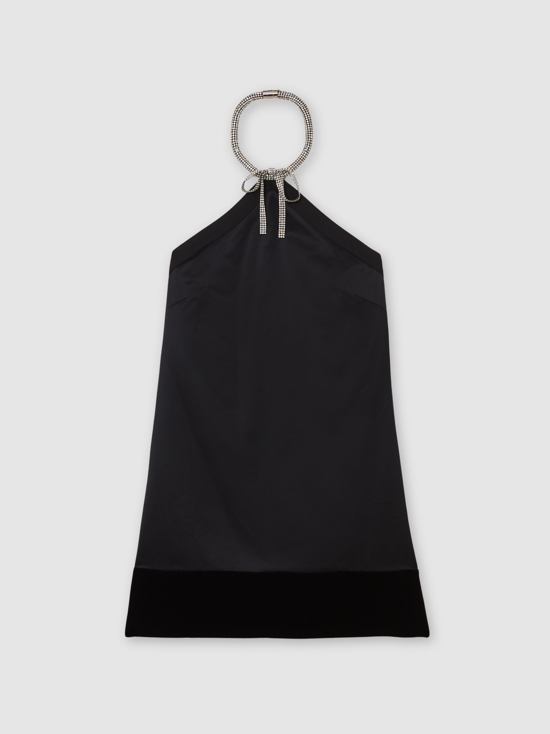 Satin Crystal-Necklace Mini Dress in Black