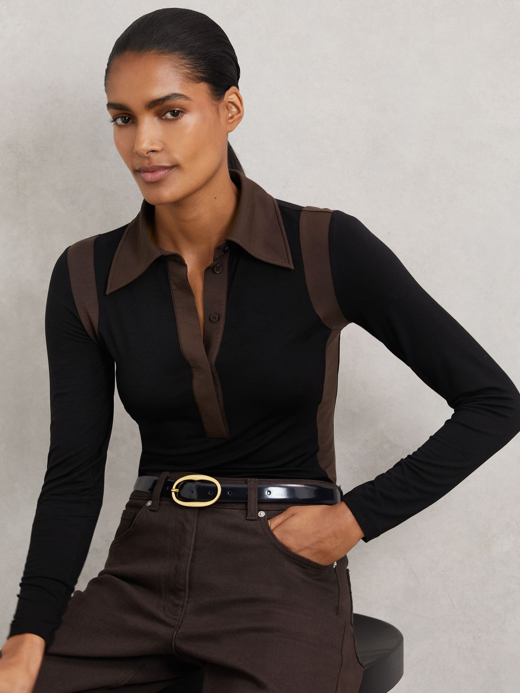Jersey Colour-Block Collared Shirt in Black/Chocolate Brown - Image 1 of 6
