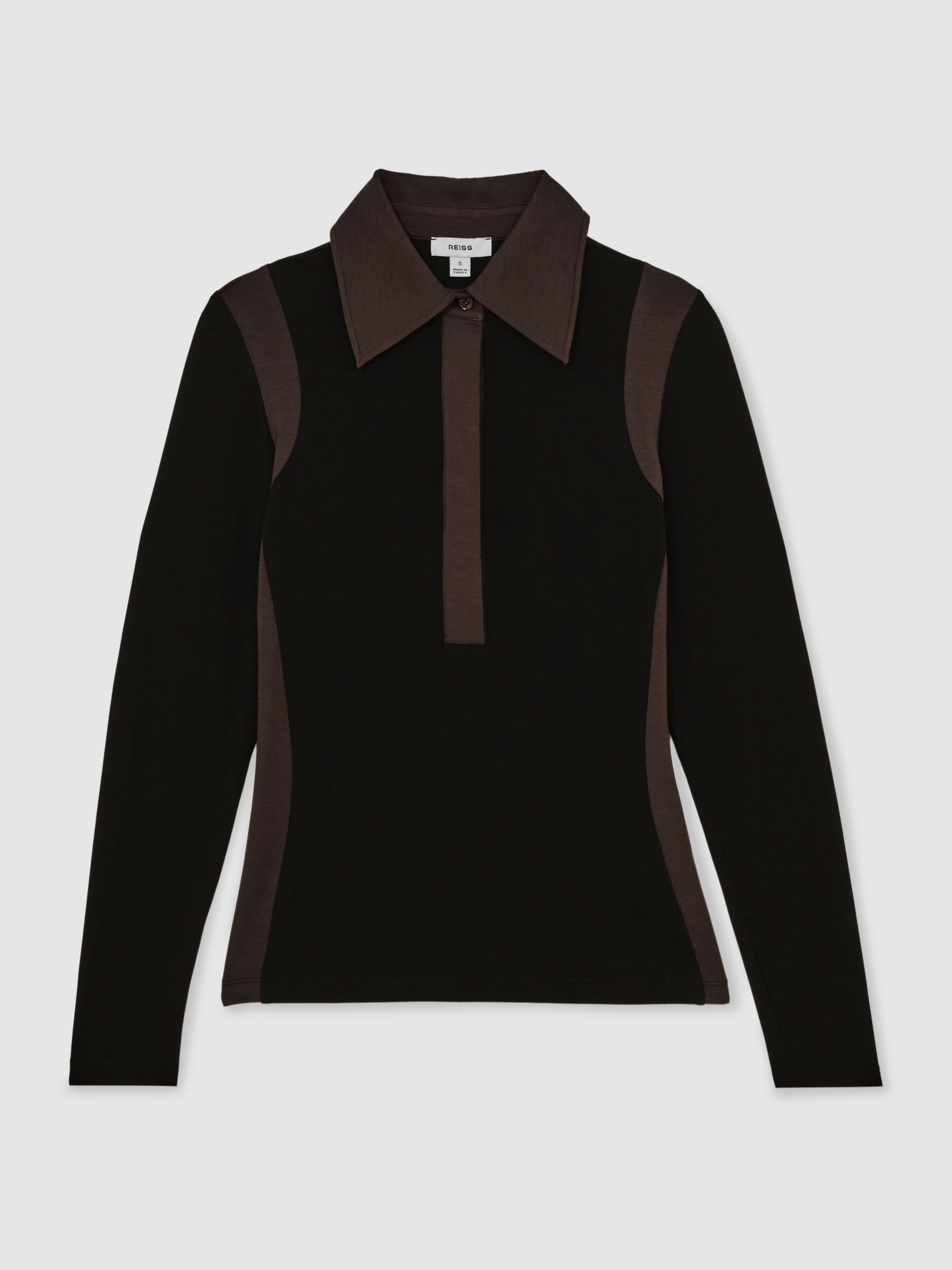Jersey Colour-Block Collared Shirt in Black/Chocolate Brown - Image 2 of 6