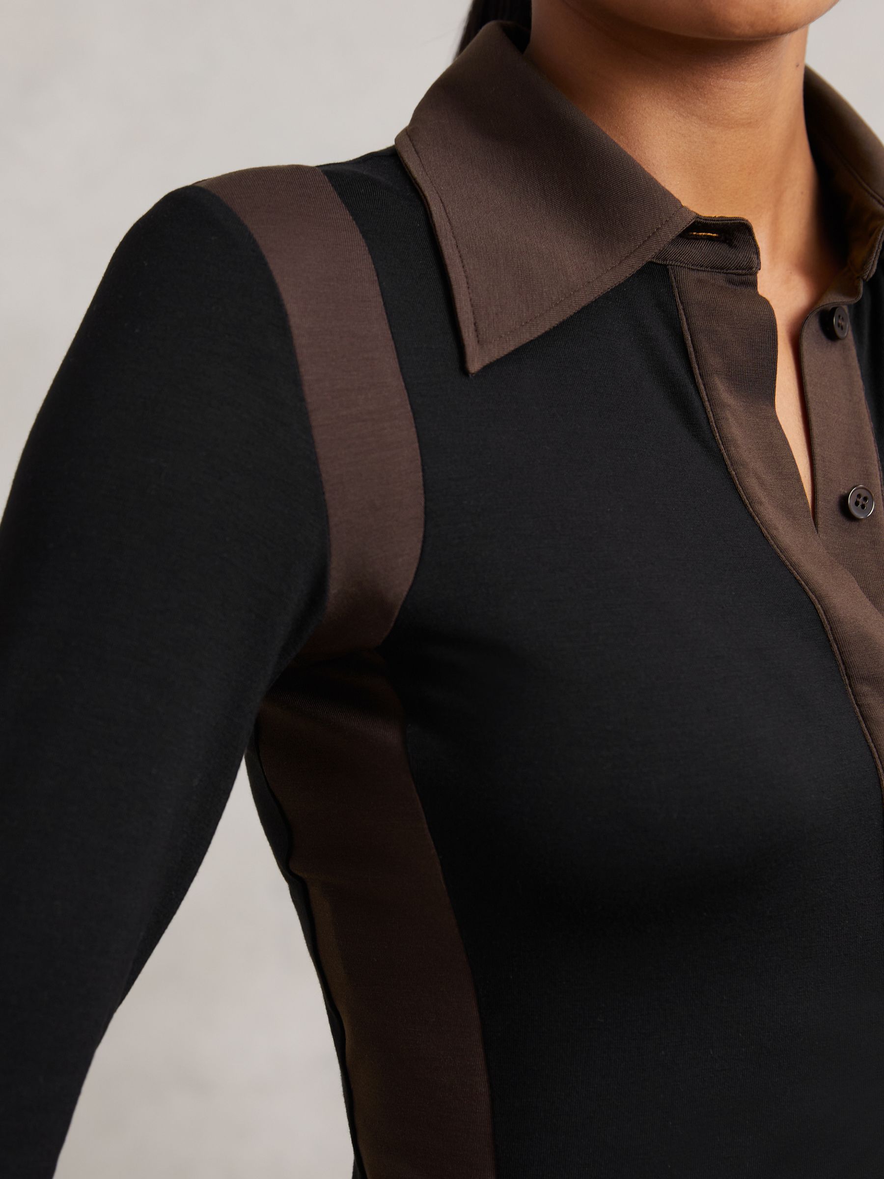 Jersey Colour-Block Collared Shirt in Black/Chocolate Brown - image 5
