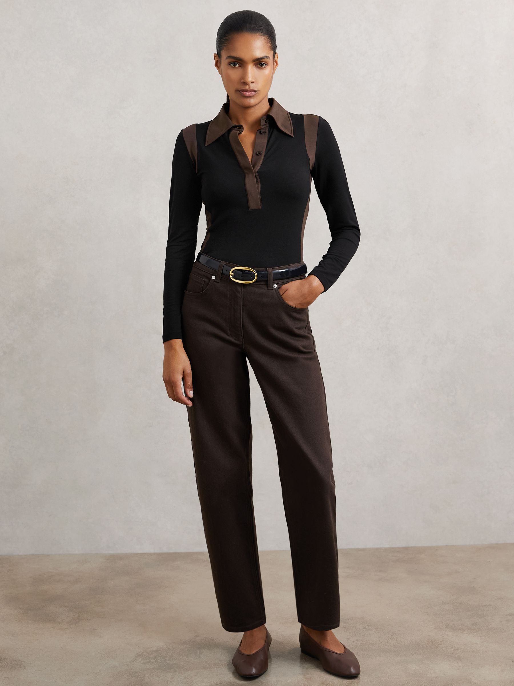 Jersey Colour-Block Collared Shirt in Black/Chocolate Brown - Image 4 of 6