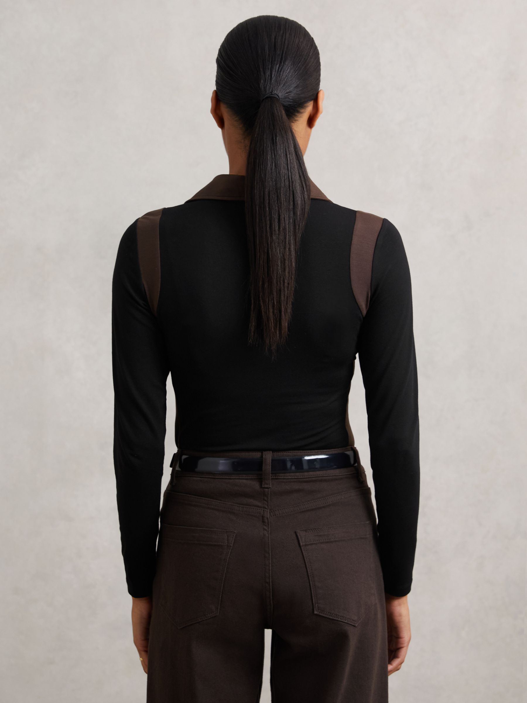 Jersey Colour-Block Collared Shirt in Black/Chocolate Brown - image 4