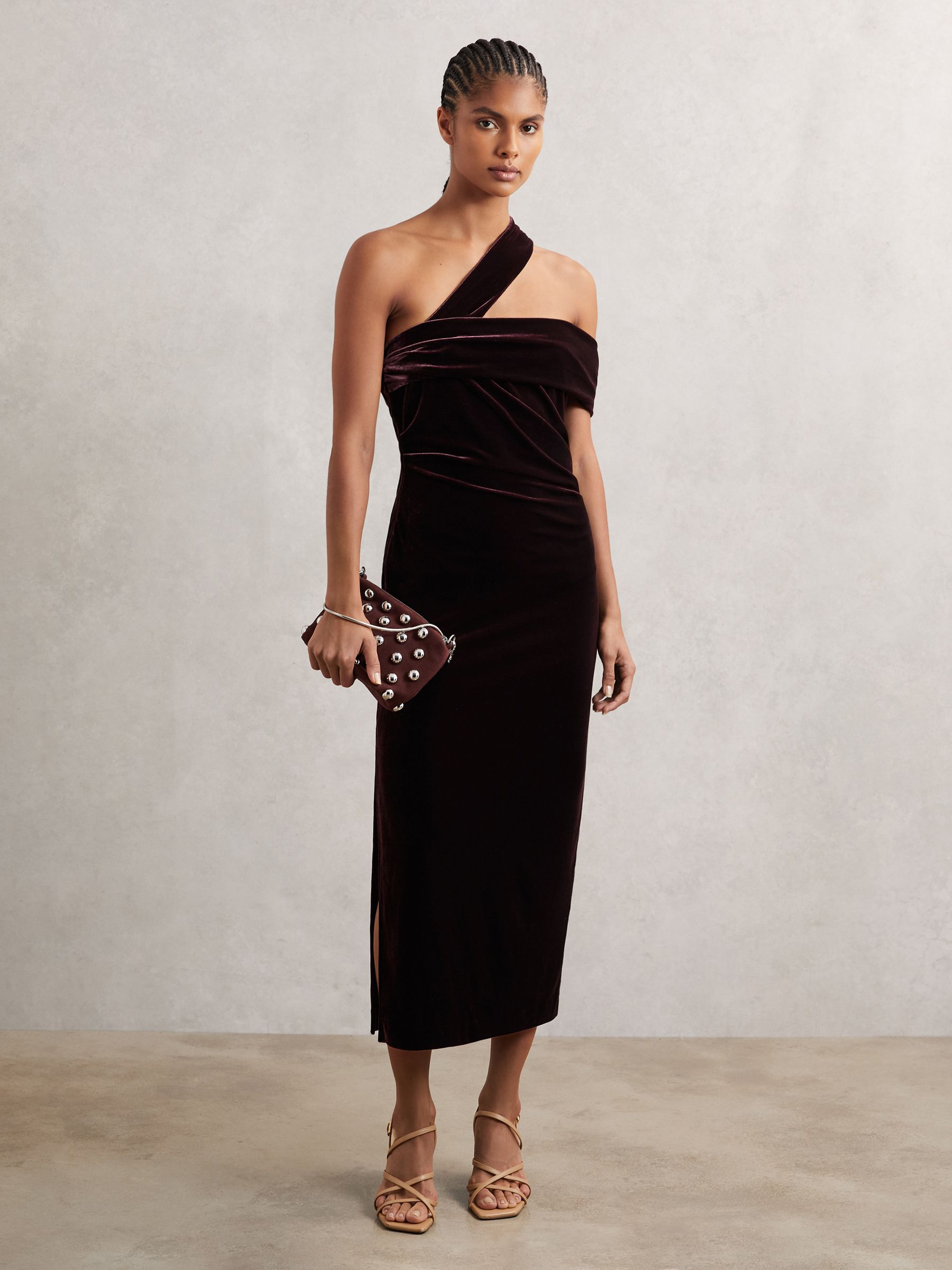 Velvet One-Shoulder Midi Dress in Burgundy - Image 1 of 6