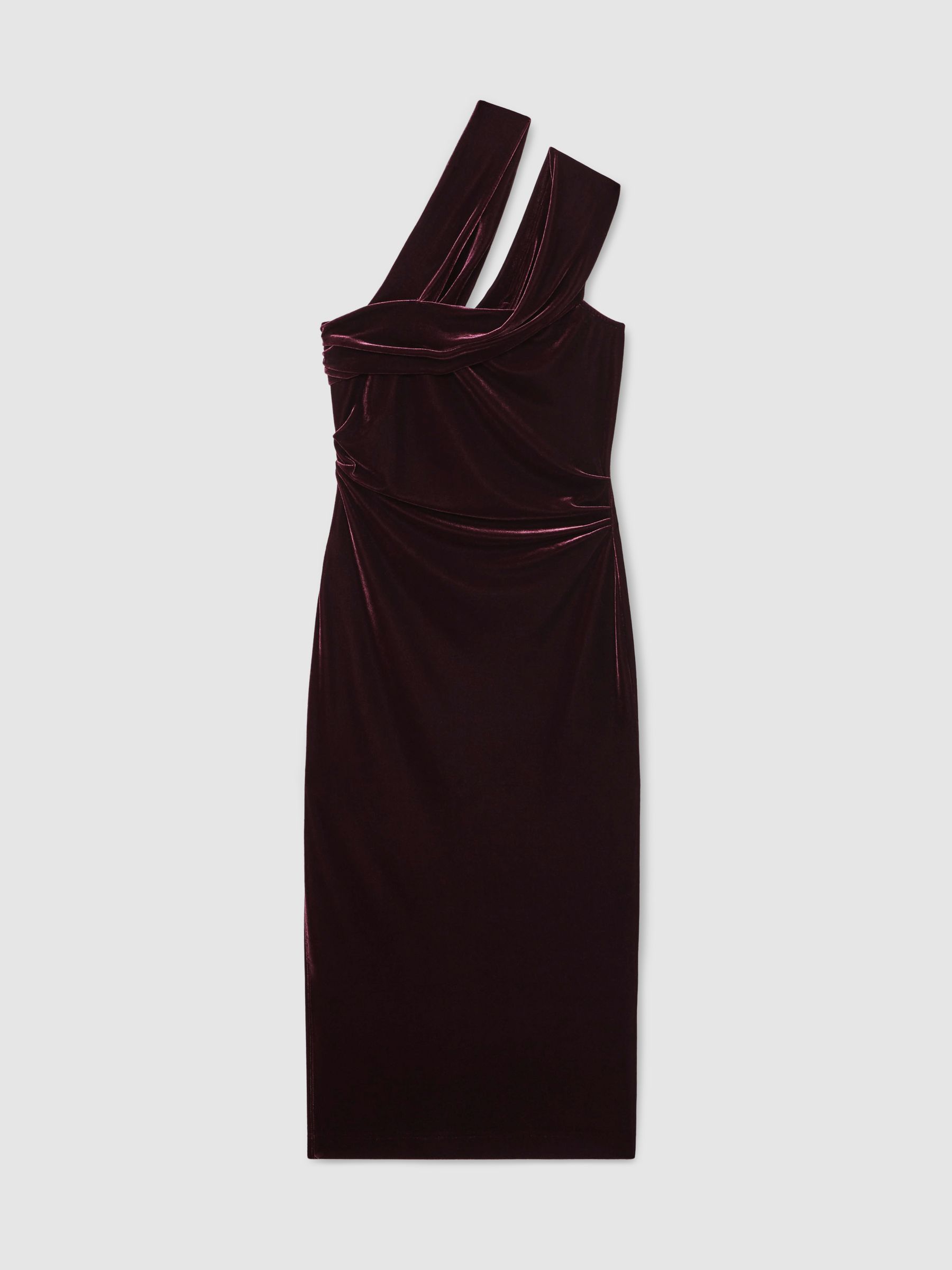 Velvet One-Shoulder Midi Dress in Burgundy - Image 2 of 6