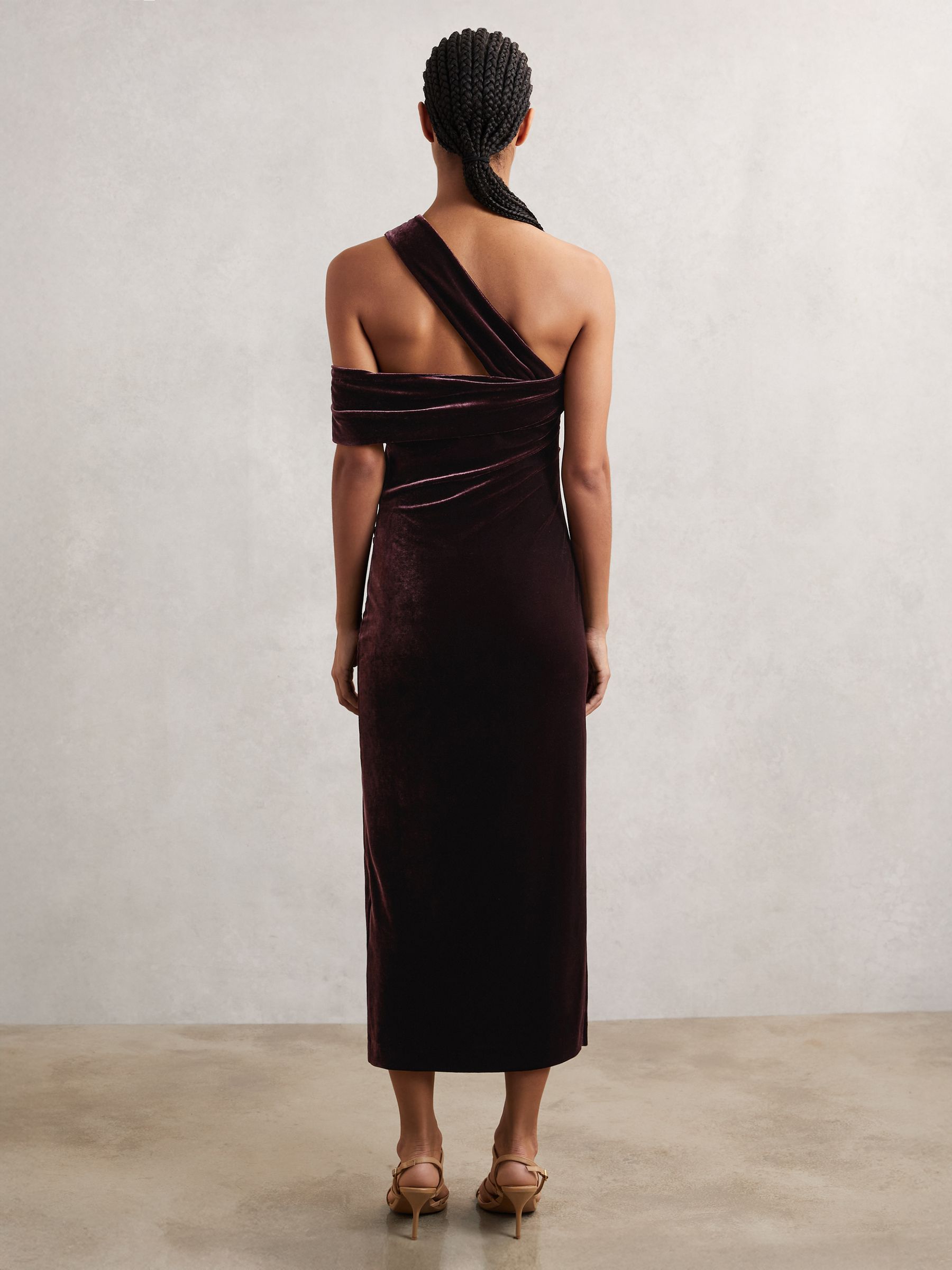 Velvet One-Shoulder Midi Dress in Burgundy - Image 5 of 6