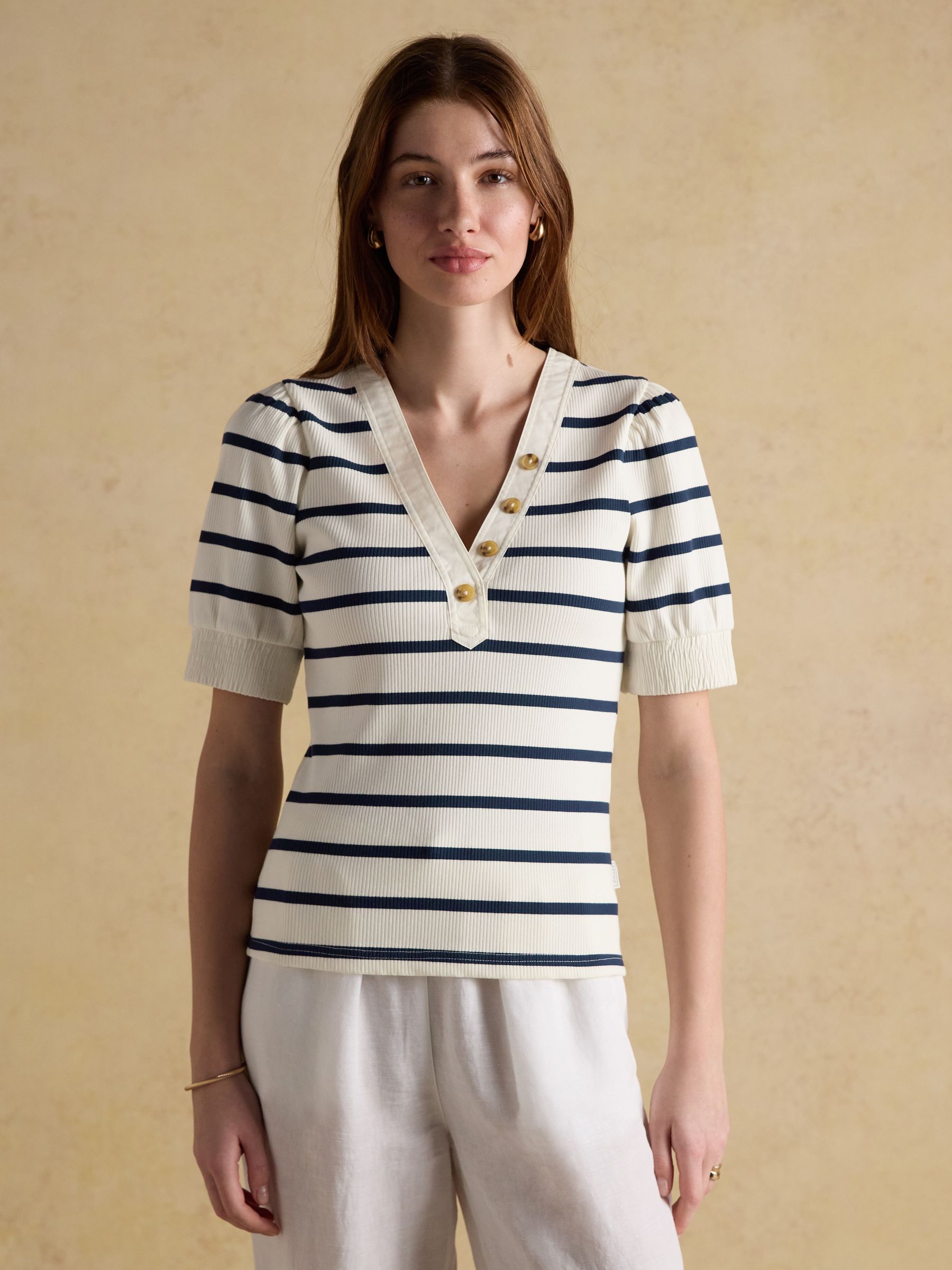 Tabitha Navy Stripe Ribbed V-Neck Jersey Top with Puff Sleeves
