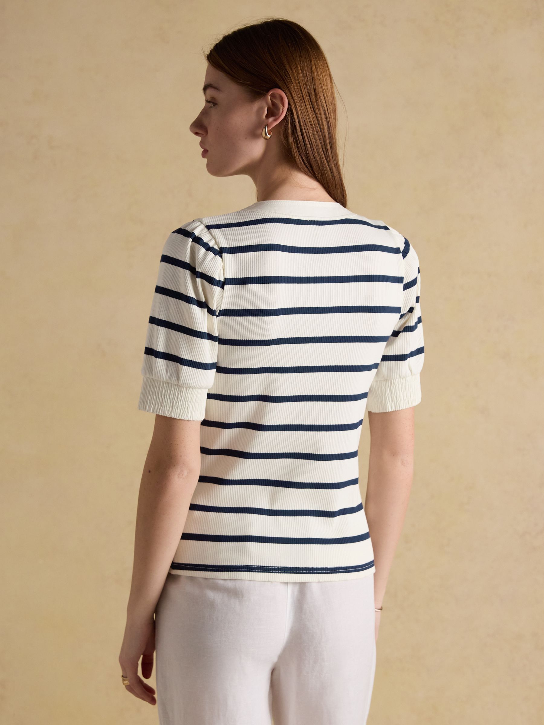 Tabitha Navy Stripe Ribbed V-Neck Jersey Top with Puff Sleeves - Image 2 of 7