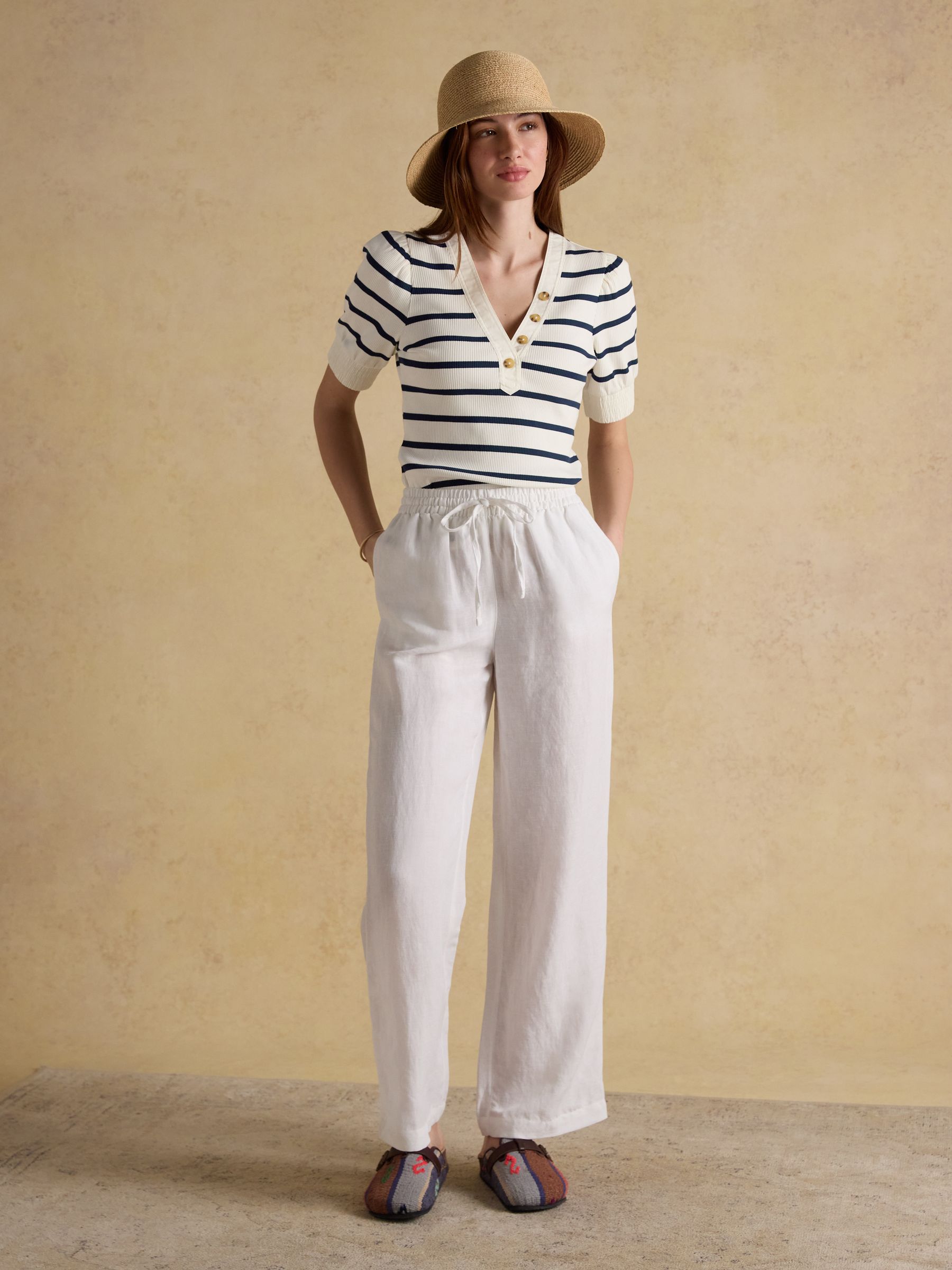 Tabitha Navy Stripe Ribbed V-Neck Jersey Top with Puff Sleeves - Image 3 of 7