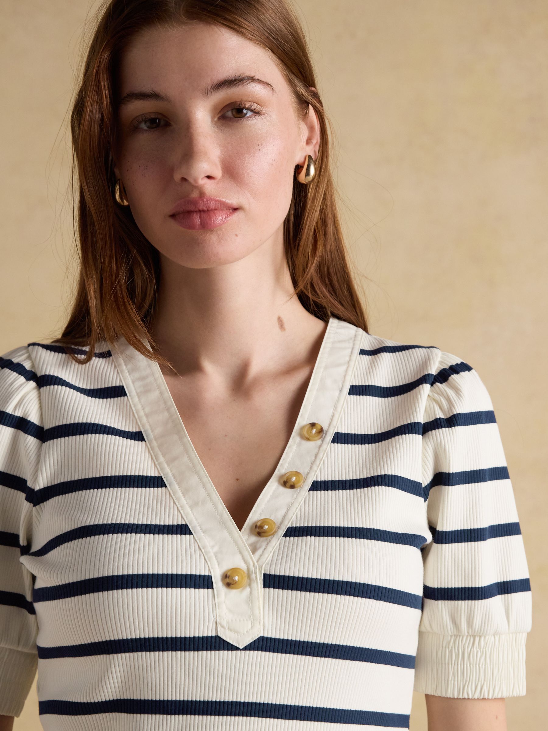 Tabitha Navy Stripe Ribbed V-Neck Jersey Top with Puff Sleeves - Image 5 of 7