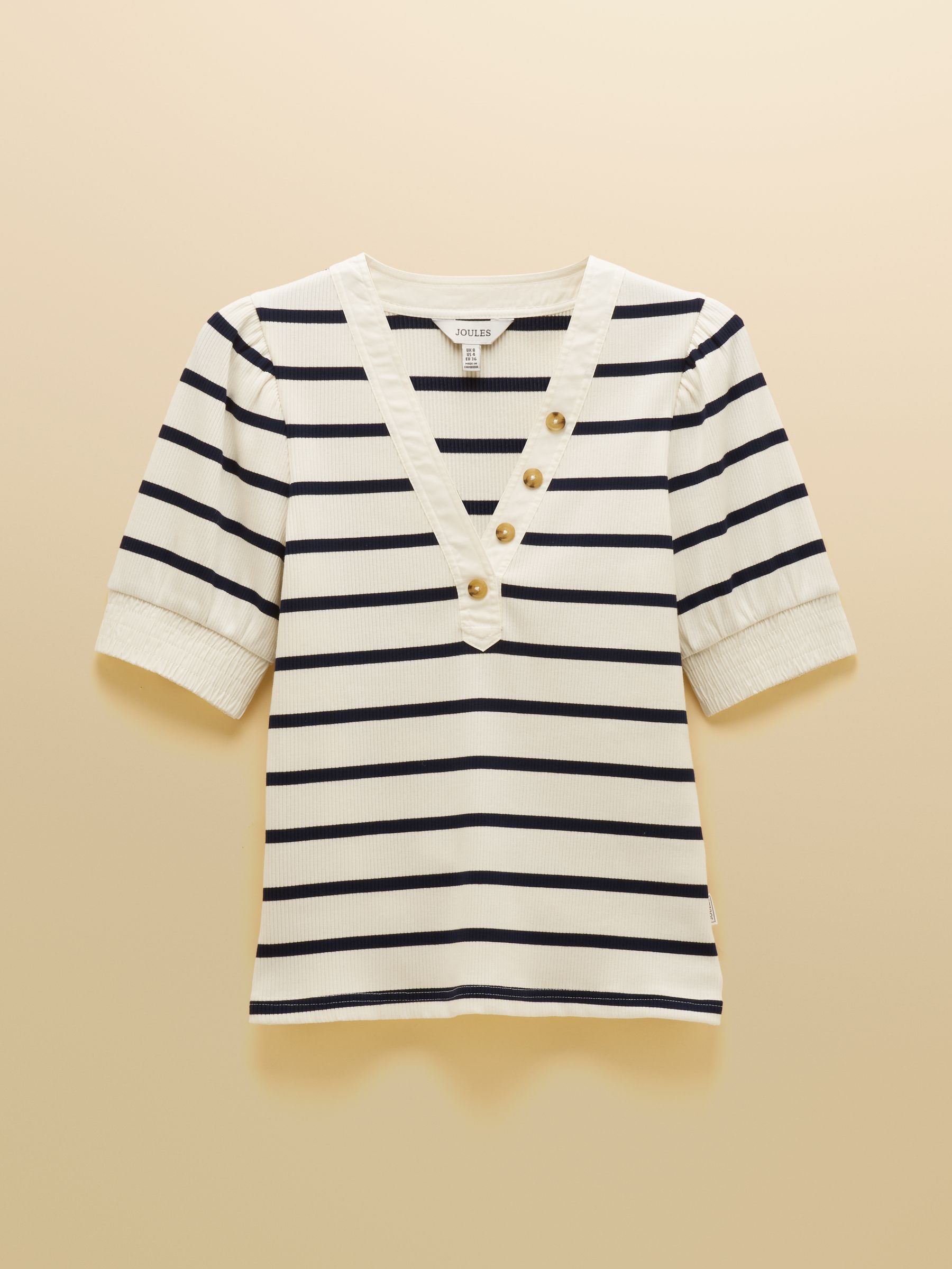 Tabitha Navy Stripe Ribbed V-Neck Jersey Top with Puff Sleeves - Image 7 of 7
