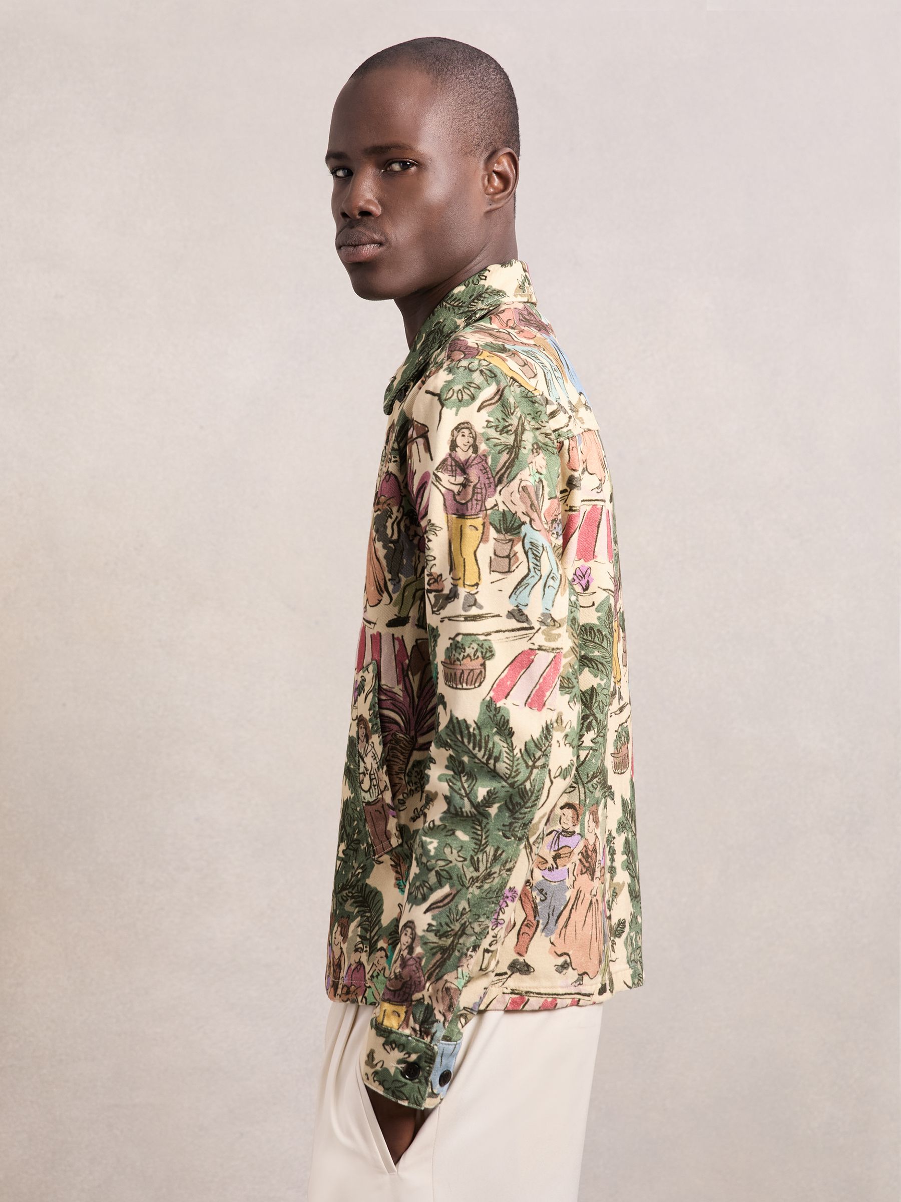 Les Deux Cotton Printed Worker Jacket in Oil Green - Image 1 of 5