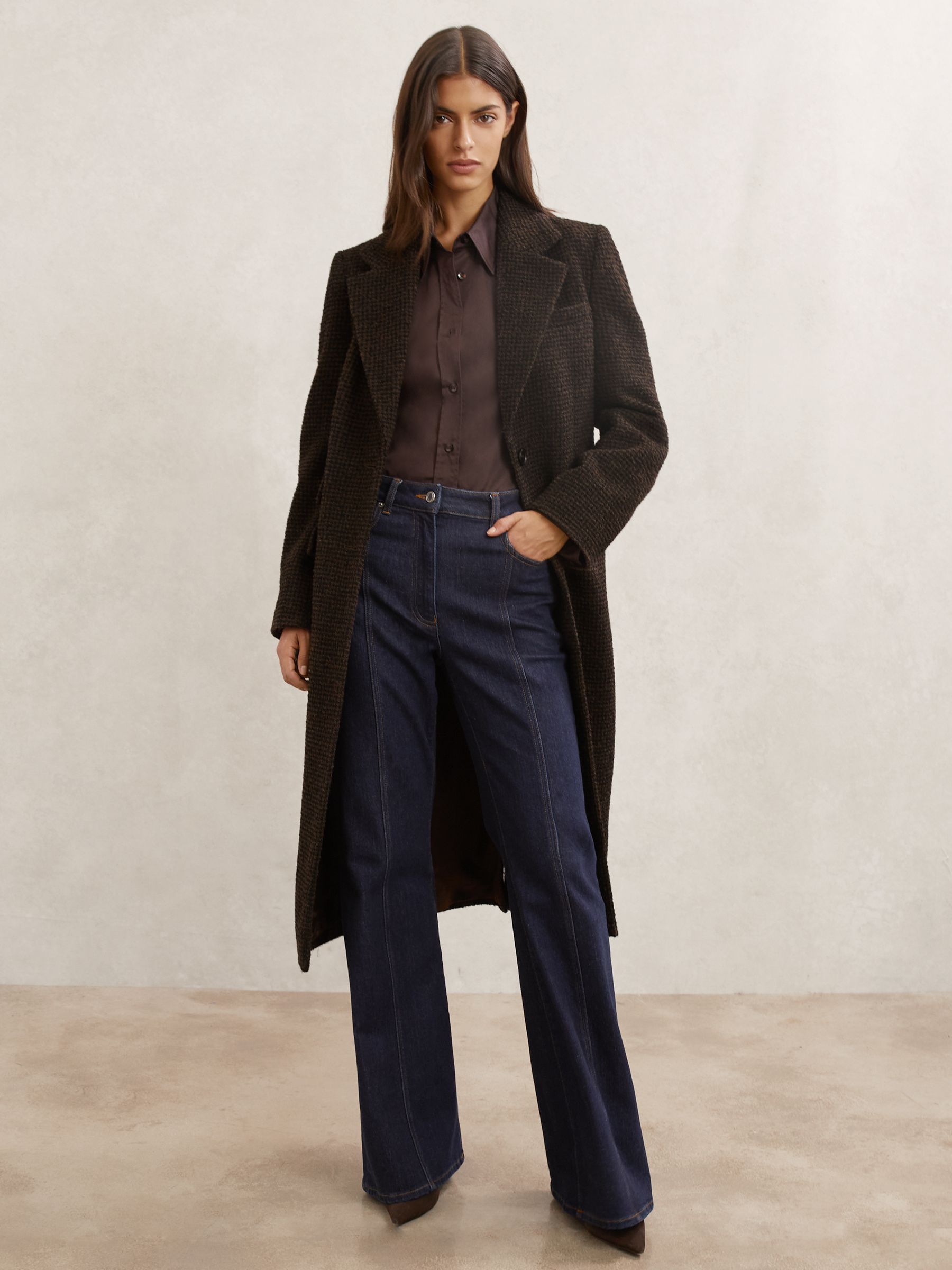 Wool-Blend Houndstooth Check Coat in Chocolate Brown Check - Image 1 of 7