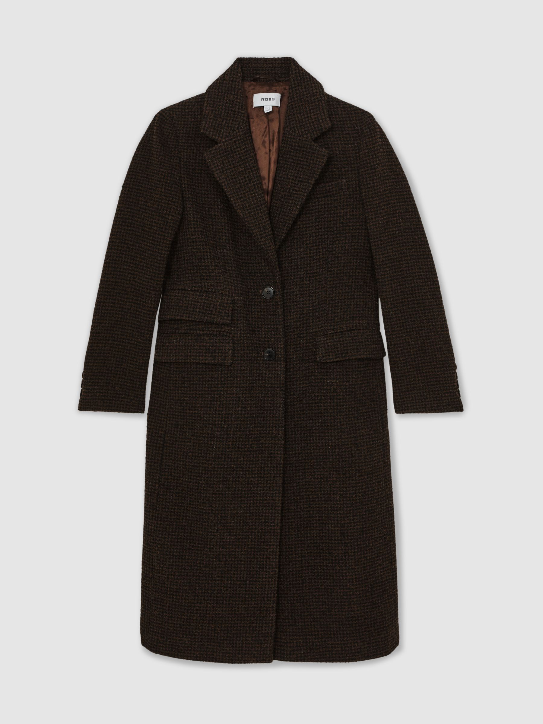 Wool-Blend Houndstooth Check Coat in Chocolate Brown Check - Image 2 of 7