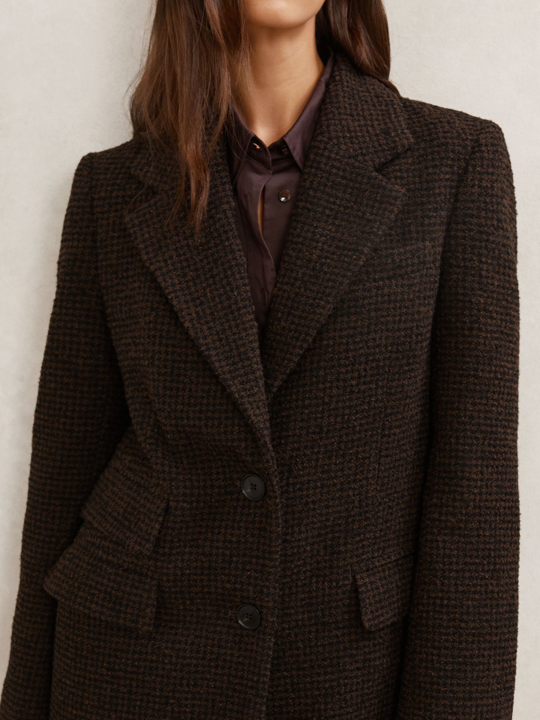 Wool-Blend Houndstooth Check Coat in Chocolate Brown Check - Image 3 of 7