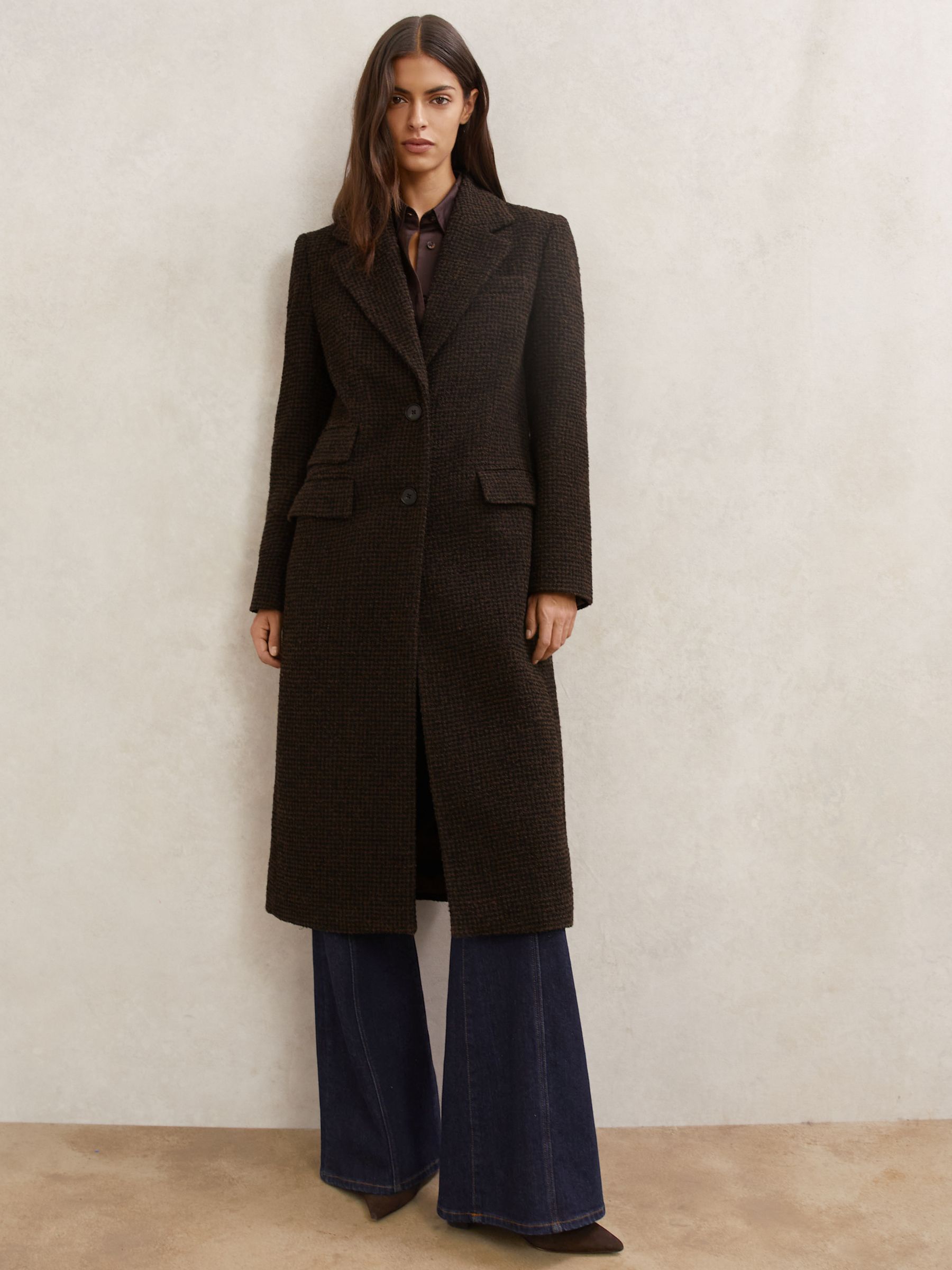 Wool-Blend Houndstooth Check Coat in Chocolate Brown Check - image 4