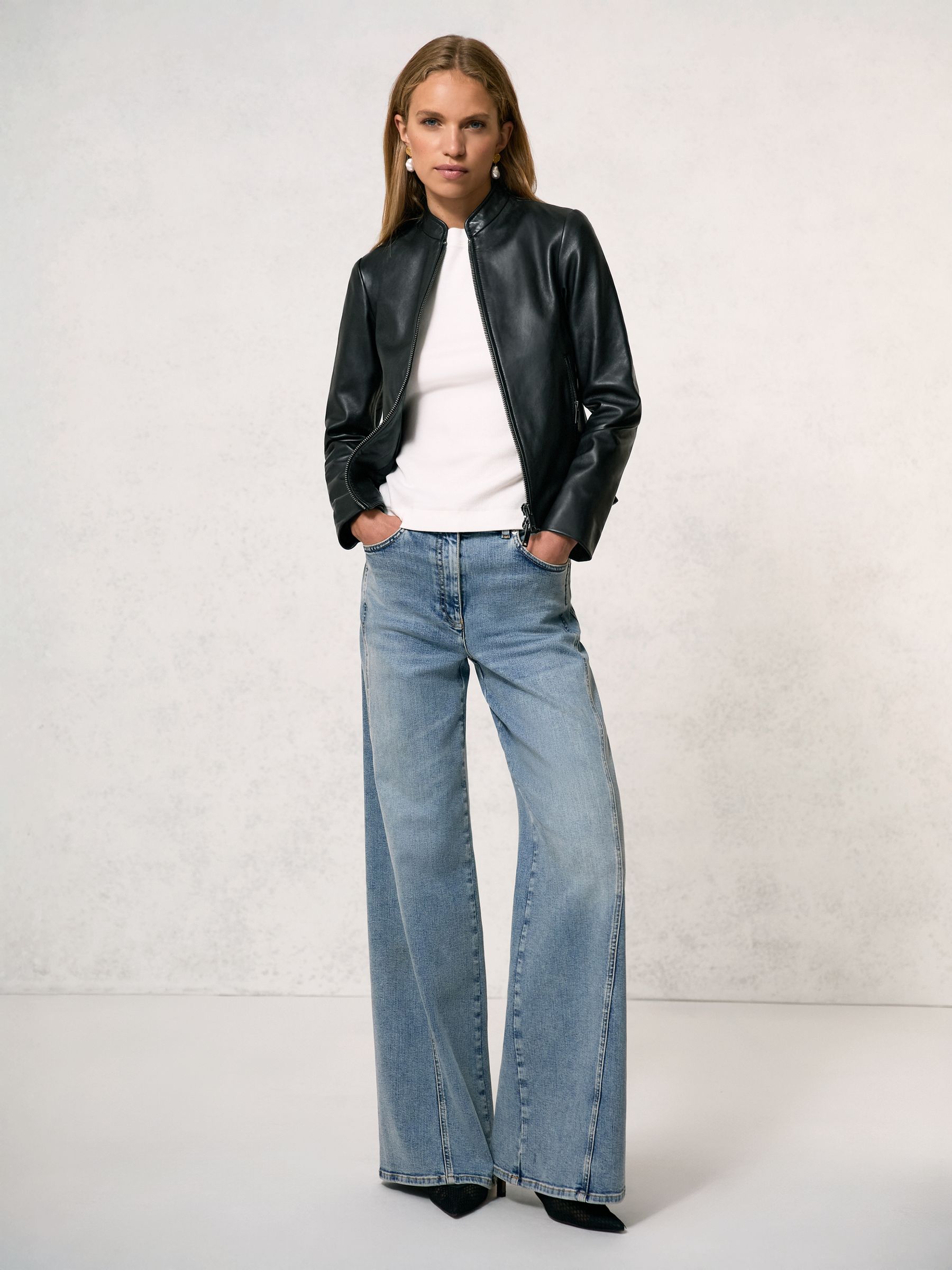 Petite Leather Collarless Biker Jacket in Black - Image 1 of 8
