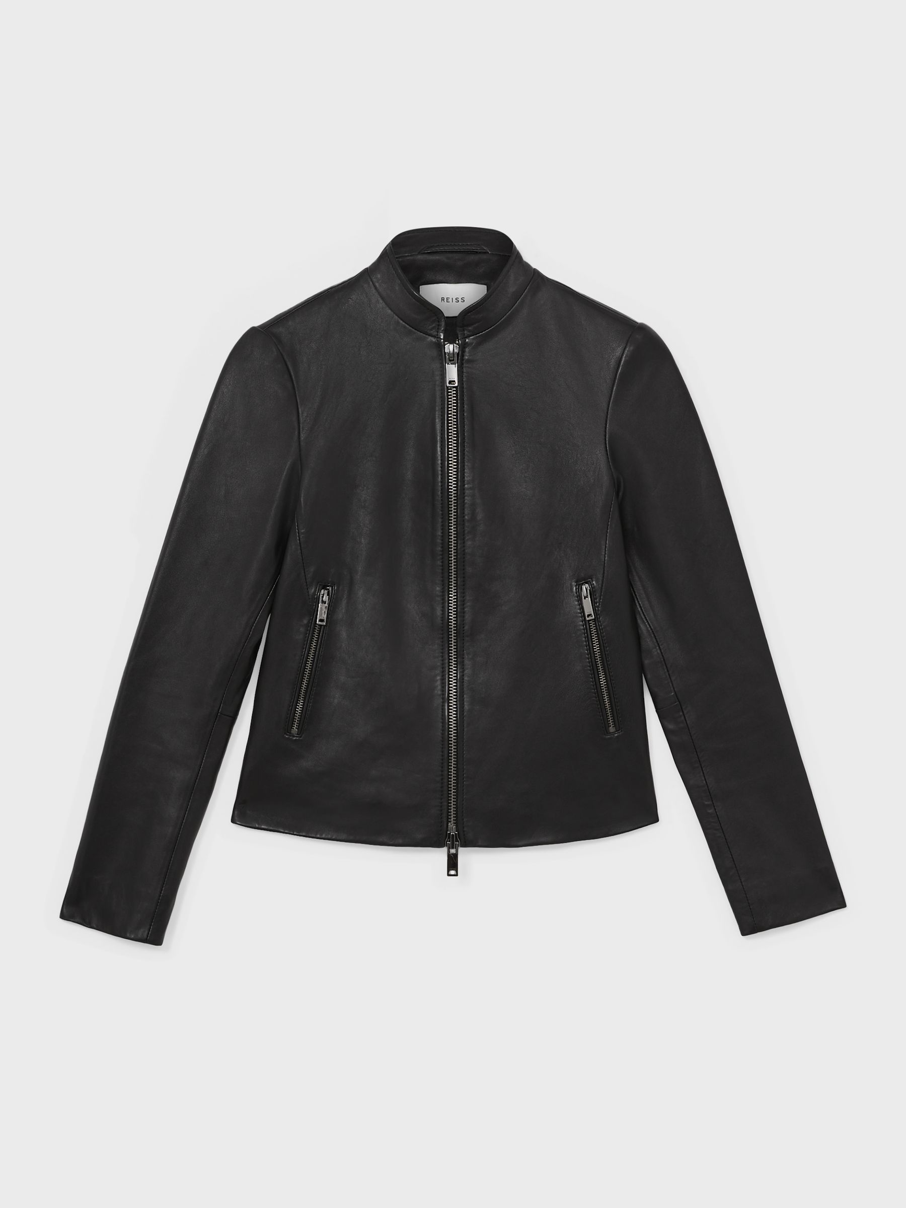 Petite Leather Collarless Biker Jacket in Black - Image 2 of 8