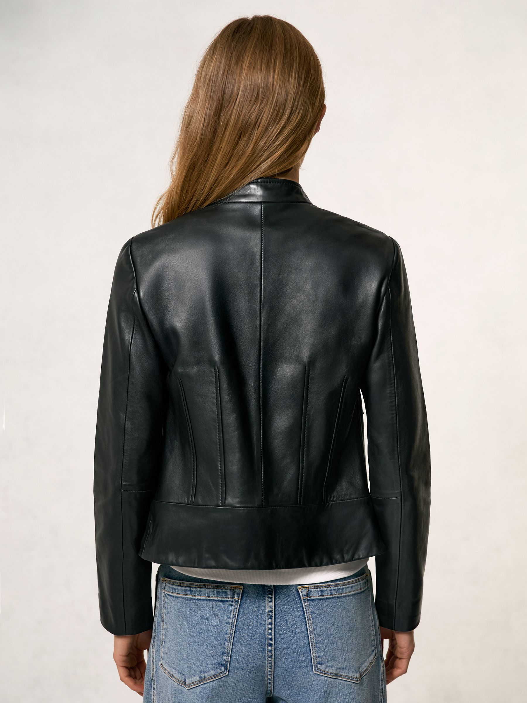 Petite Leather Collarless Biker Jacket in Black - Image 5 of 8