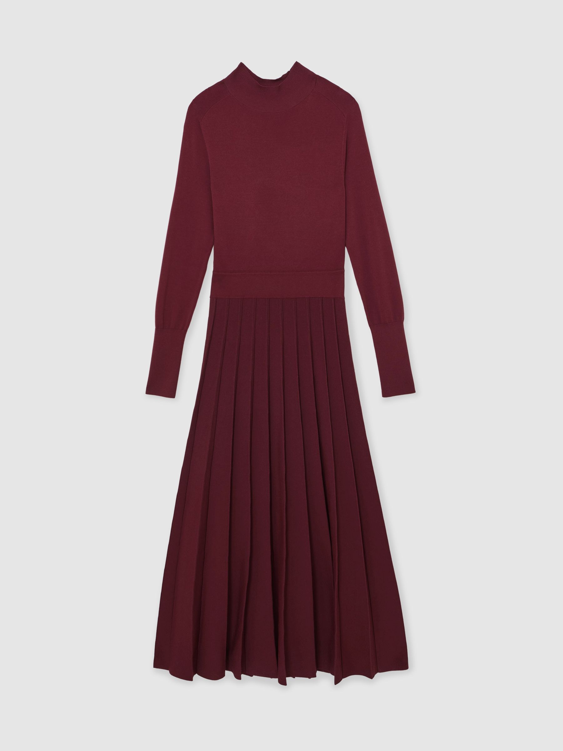 Petite Belted Knit Pleated Midi Dress in Raspberry Red