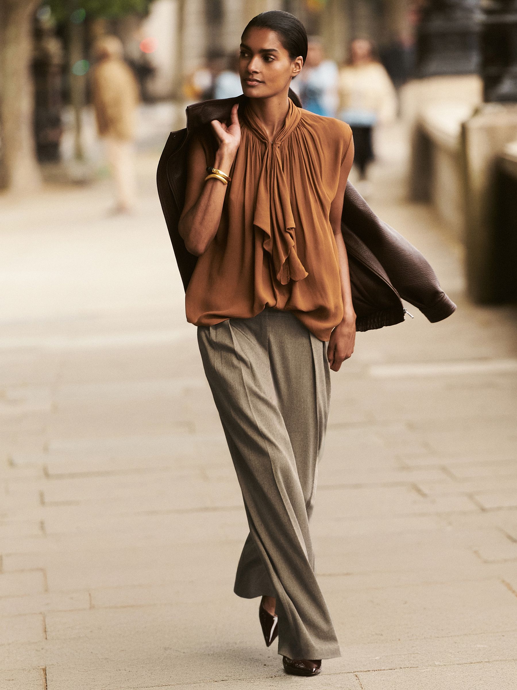 Wide-Leg Pleated Trousers in Neutral - Image 1 of 7