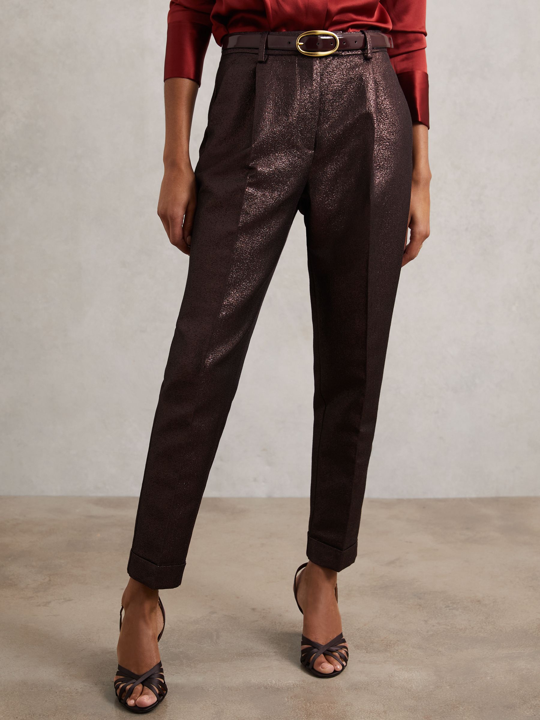 Tapered Metallic Suit Trousers with Cotton in Burgundy - Image 4 of 7