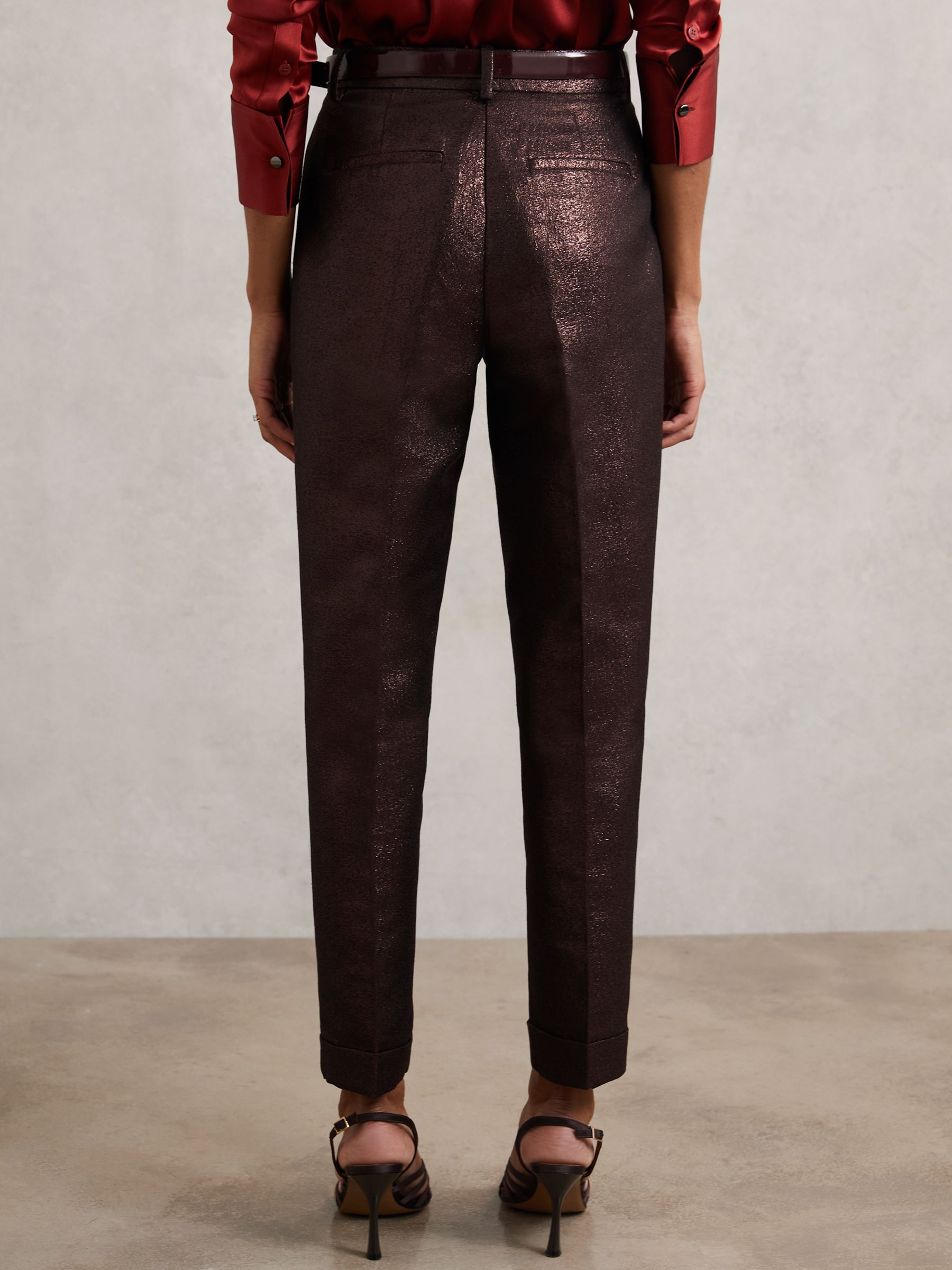 Tapered Metallic Suit Trousers with Cotton in Burgundy - Image 5 of 7