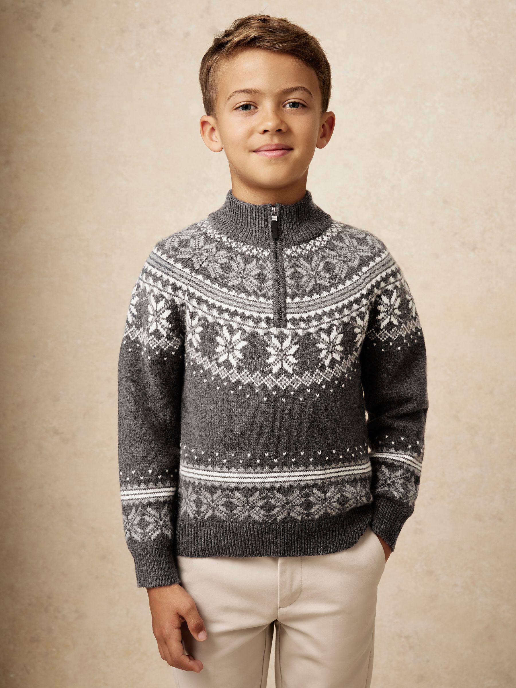13-14 yrs Fair Isle Half-Zip Jumper with Wool in Dark Grey/Off White - Image 2 of 5