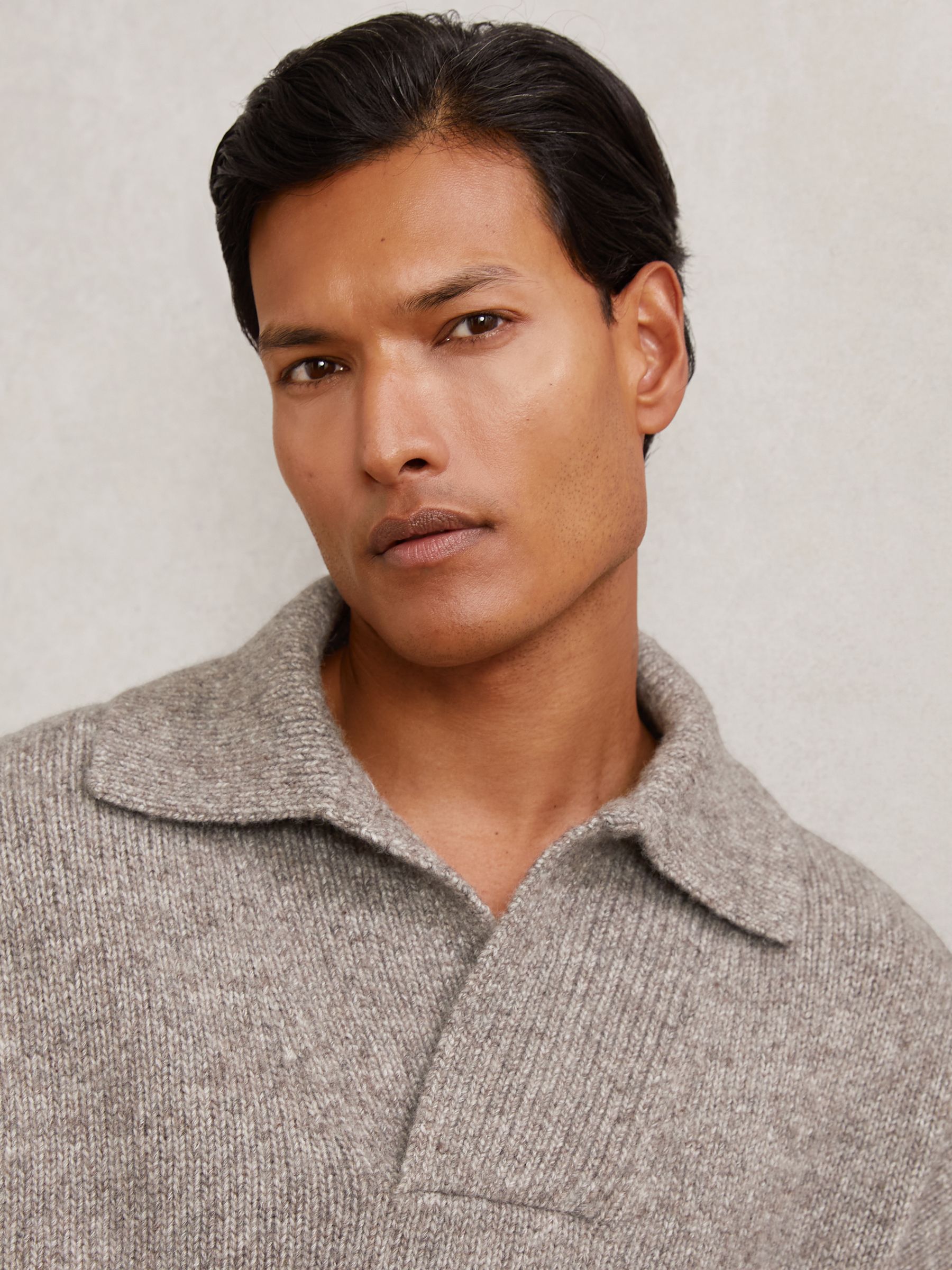 Wool-Blend Relaxed Open-Collar Jumper in Taupe Brown Melange - Image 6 of 9