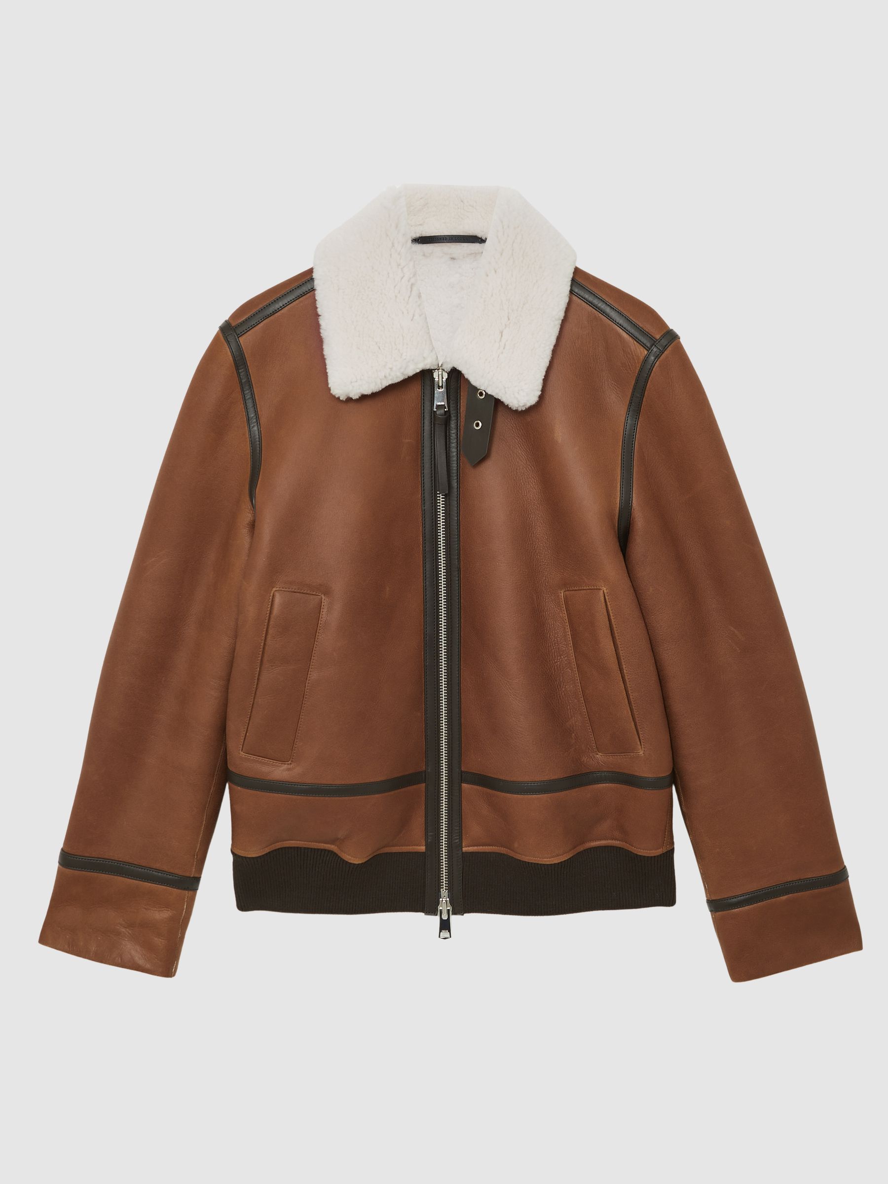 Leather Shearling-Collar Jacket in Cognac Brown - image 1