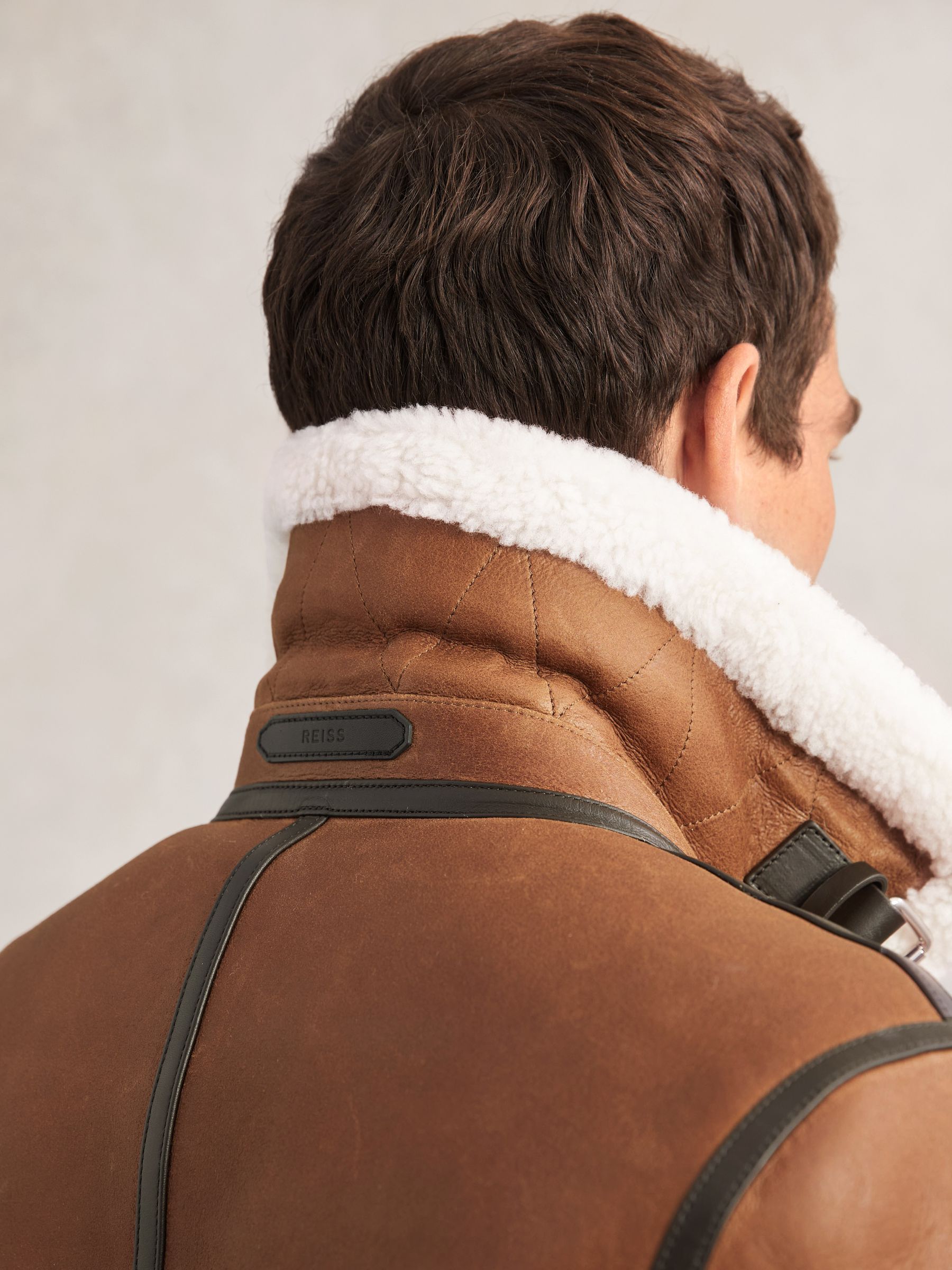 Leather Shearling-Collar Jacket in Cognac Brown - image 5