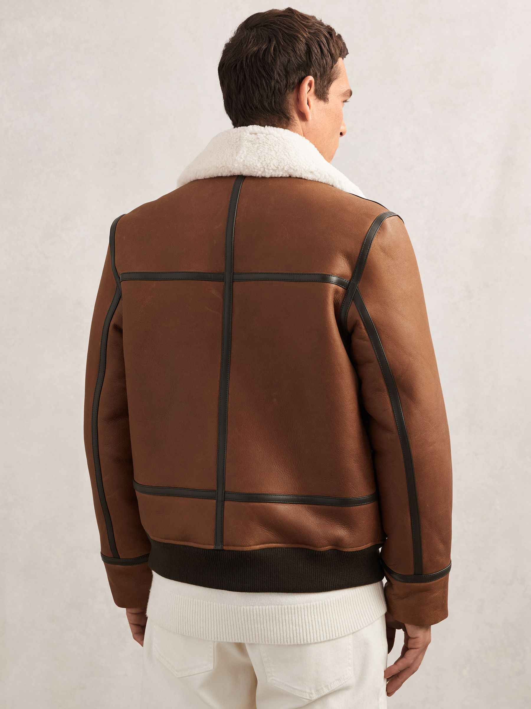 Leather Shearling-Collar Jacket in Cognac Brown - image 3