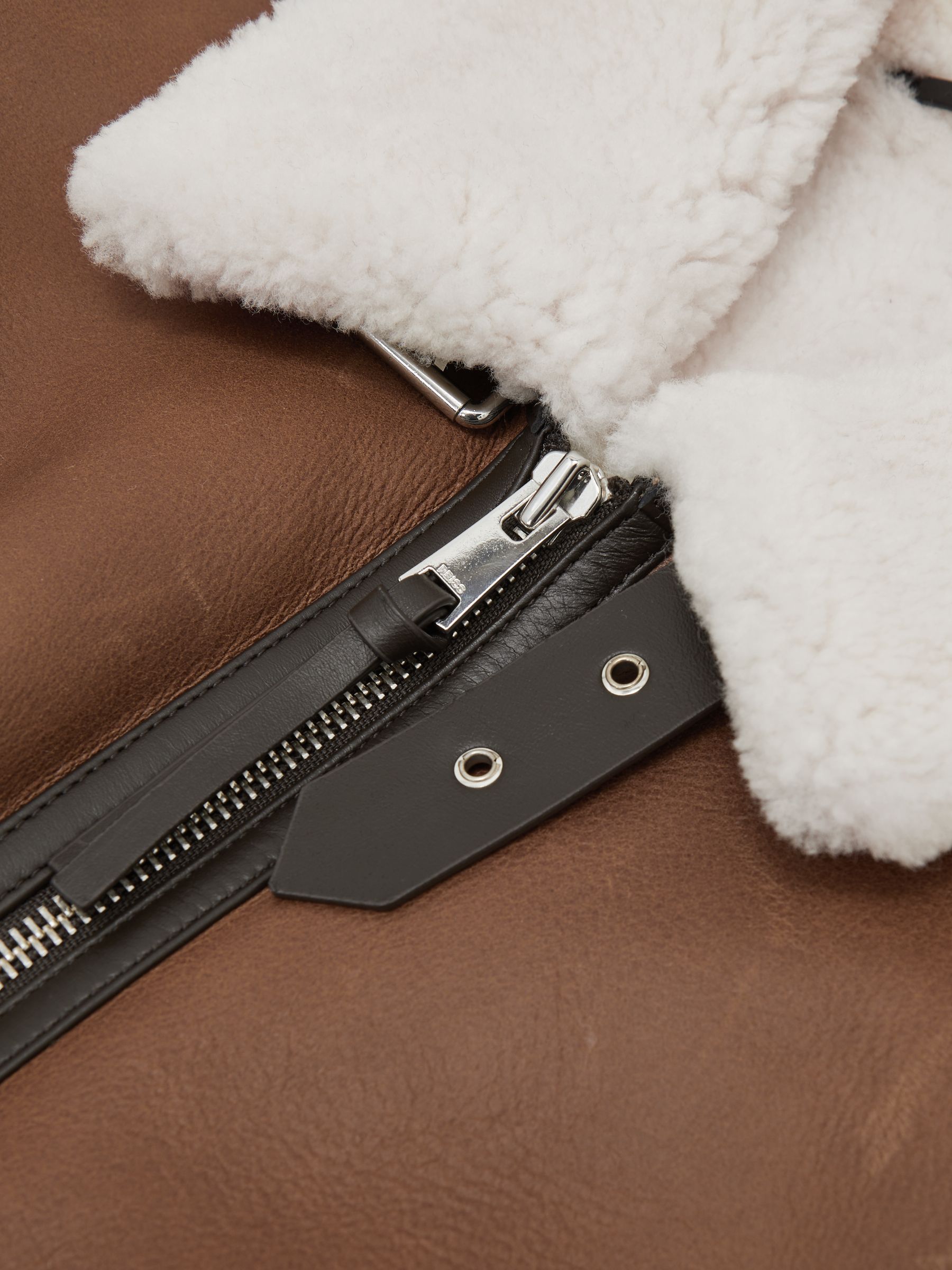 Leather Shearling-Collar Jacket in Cognac Brown - image 4
