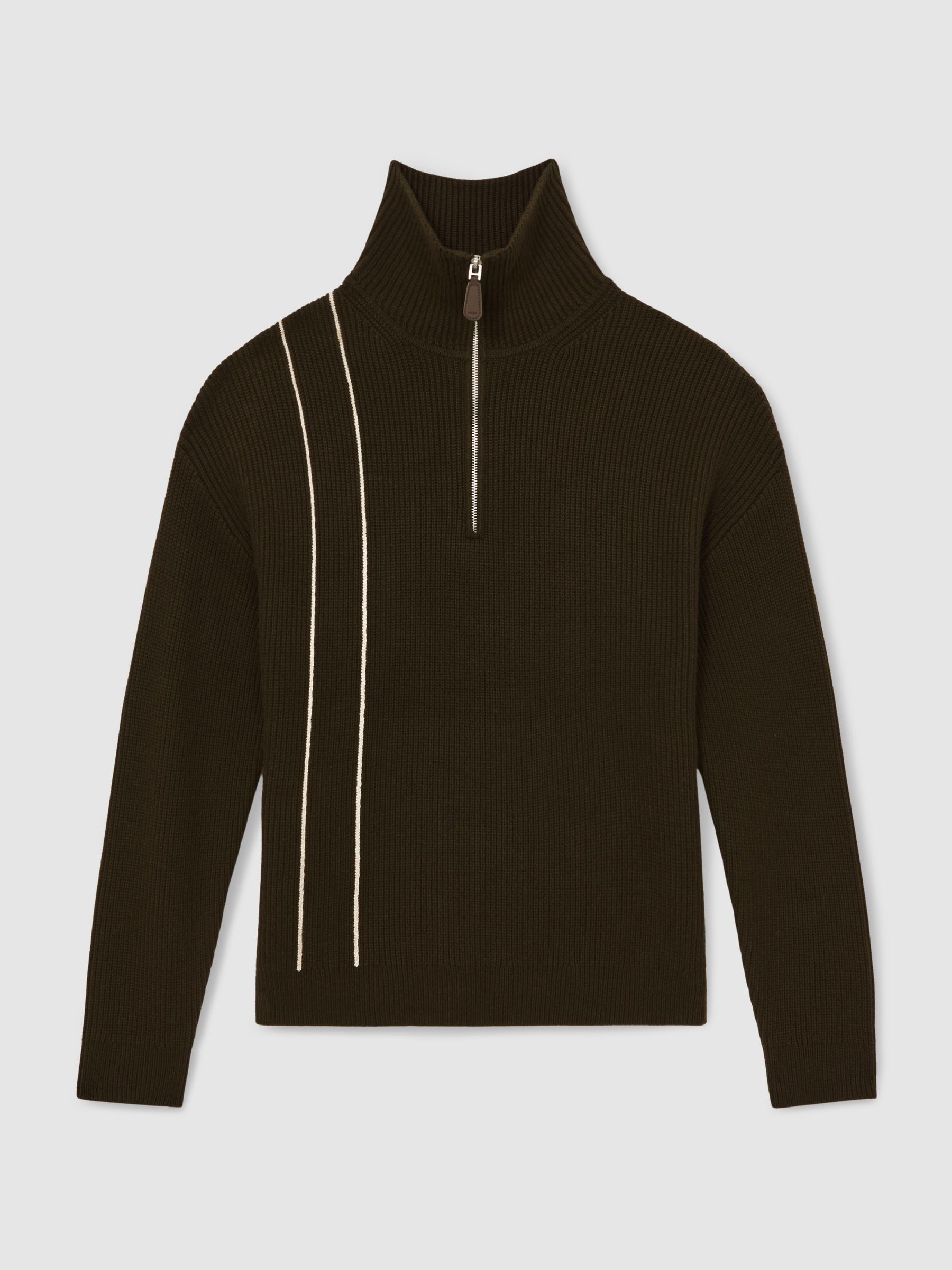 Žebrovaný vlněný svetr s půlzipem a prošívanými detaily v tmavě olivově zelené barvě - Obrázek 2 z 7