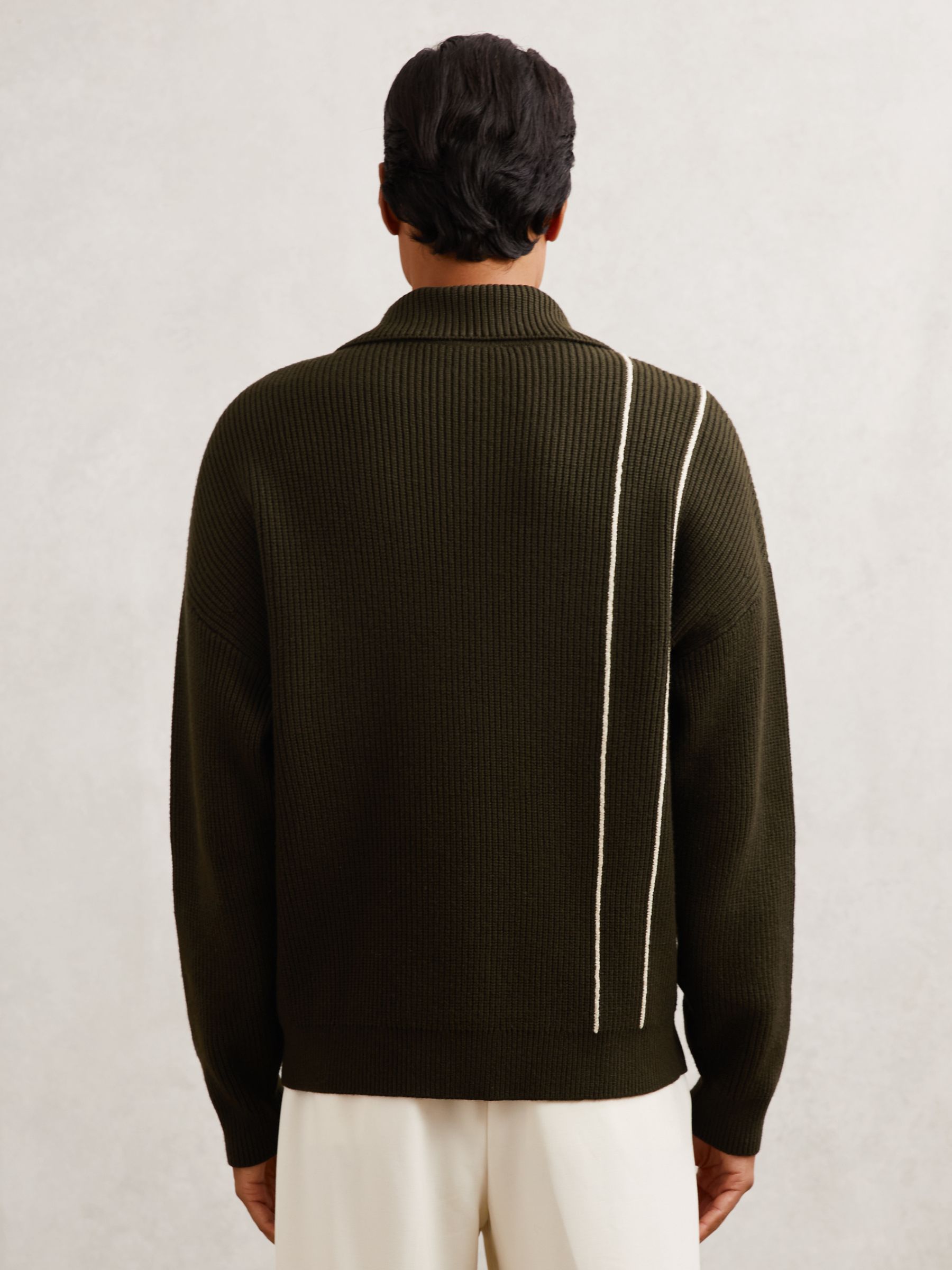Rib-Knit Stitch-Detail Half-Zip Jumper with Wool in Dark Olive Green - image 4