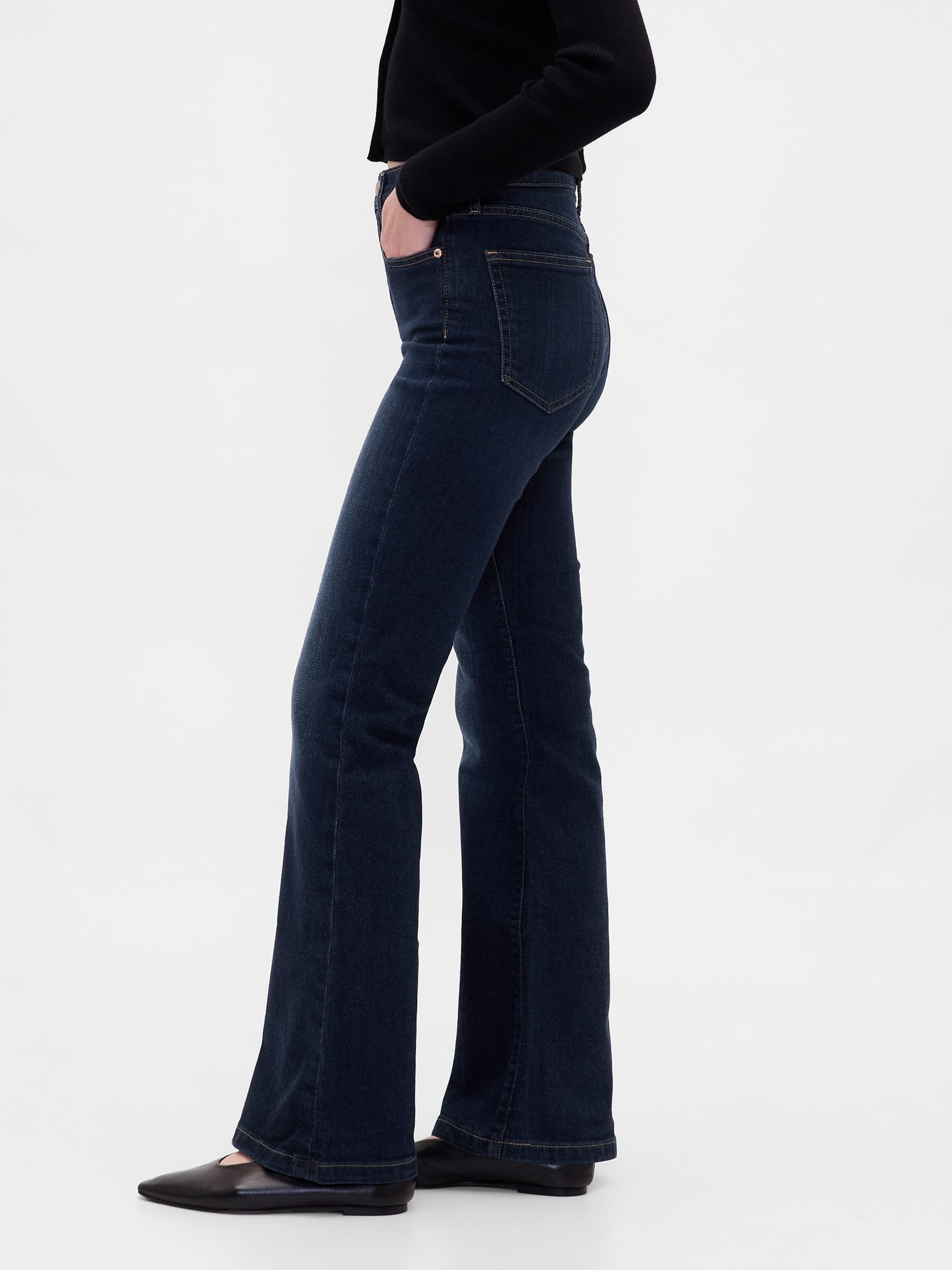 Dark Wash Blue High Waisted 70s Flare Jeans - Image 3 of 5