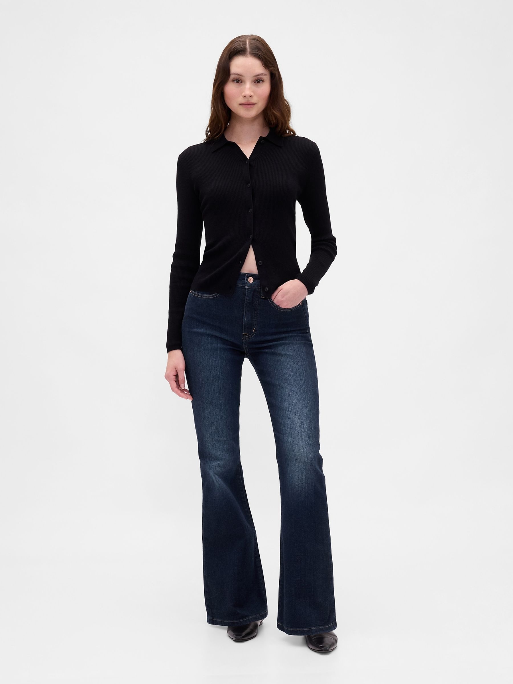 Dark Wash Blue High Waisted 70s Flare Jeans - Image 4 of 5