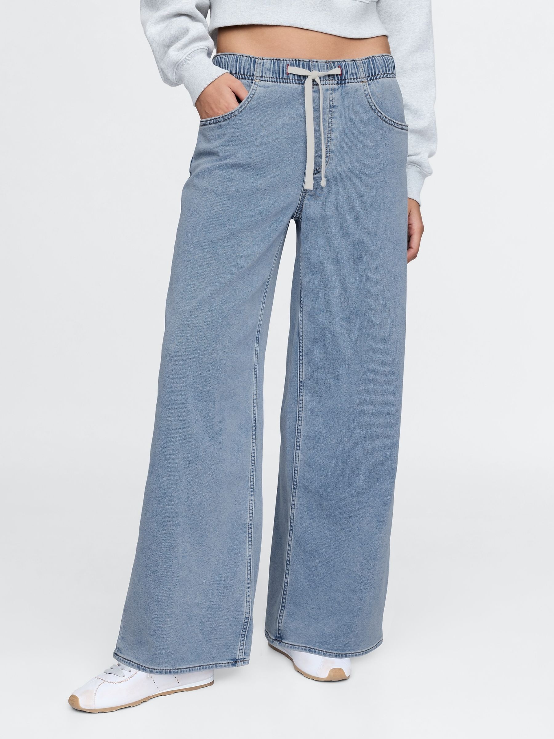 Light Wash Blue Mid Rise Knit Easy Baggy Jeans - Image 1 of 8