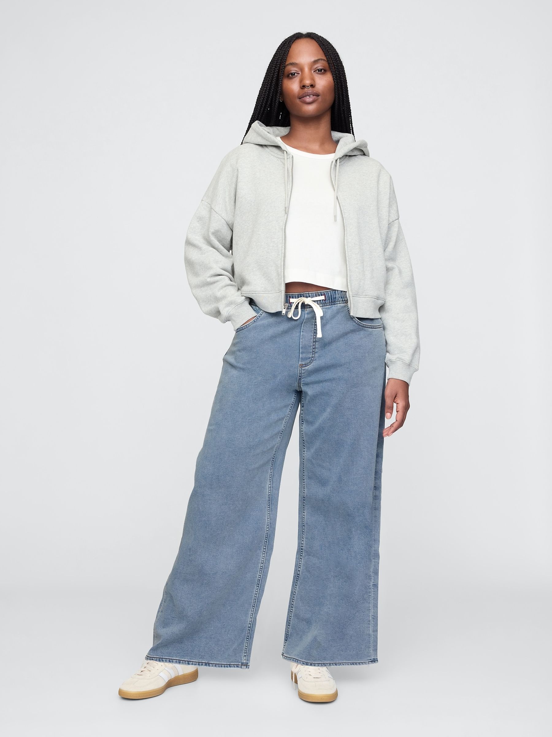 Light Wash Blue Mid Rise Knit Easy Baggy Jeans - Image 6 of 8