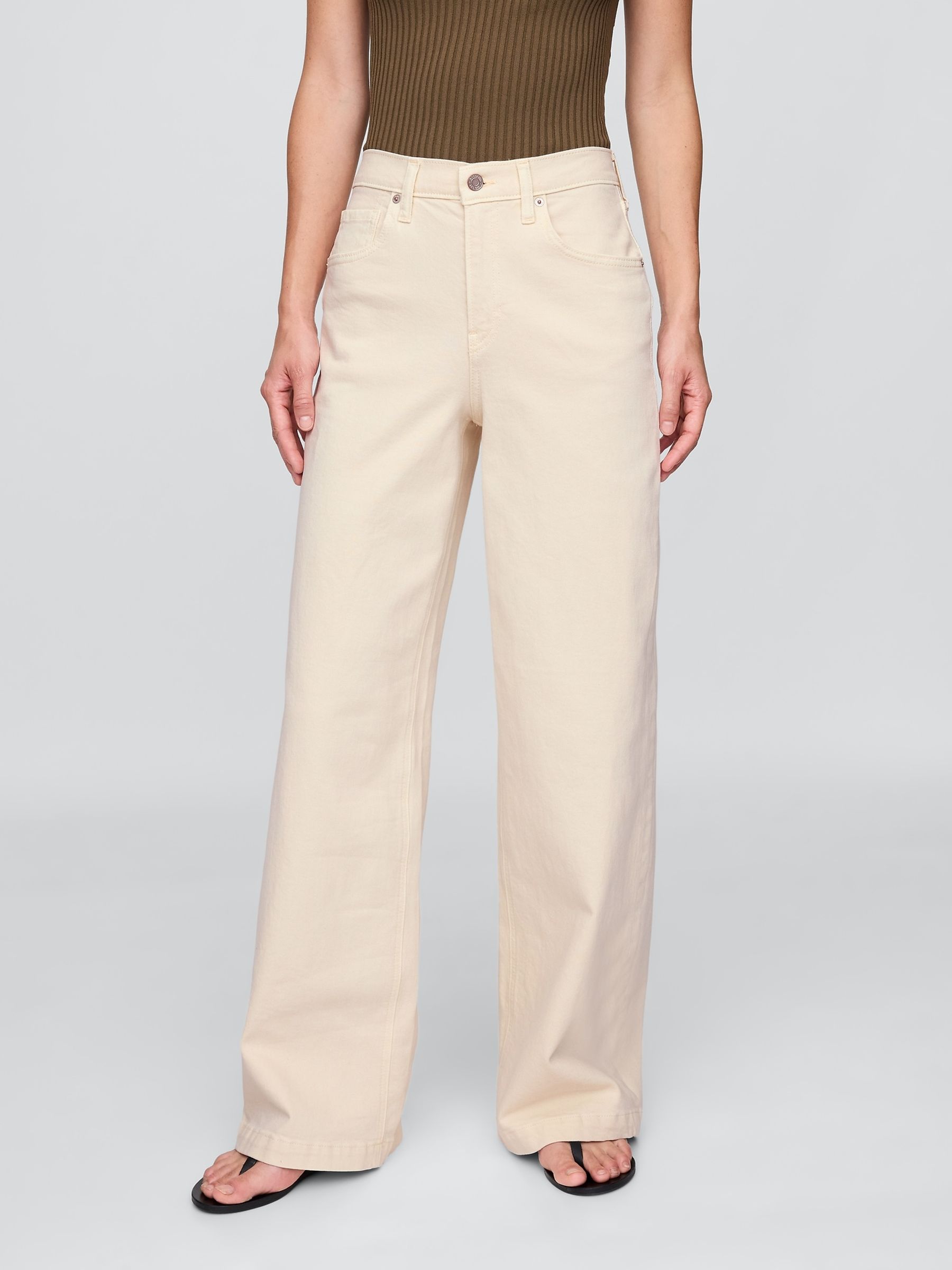 Cream High Waisted Stride Wide-Leg Jeans - Image 2 of 8
