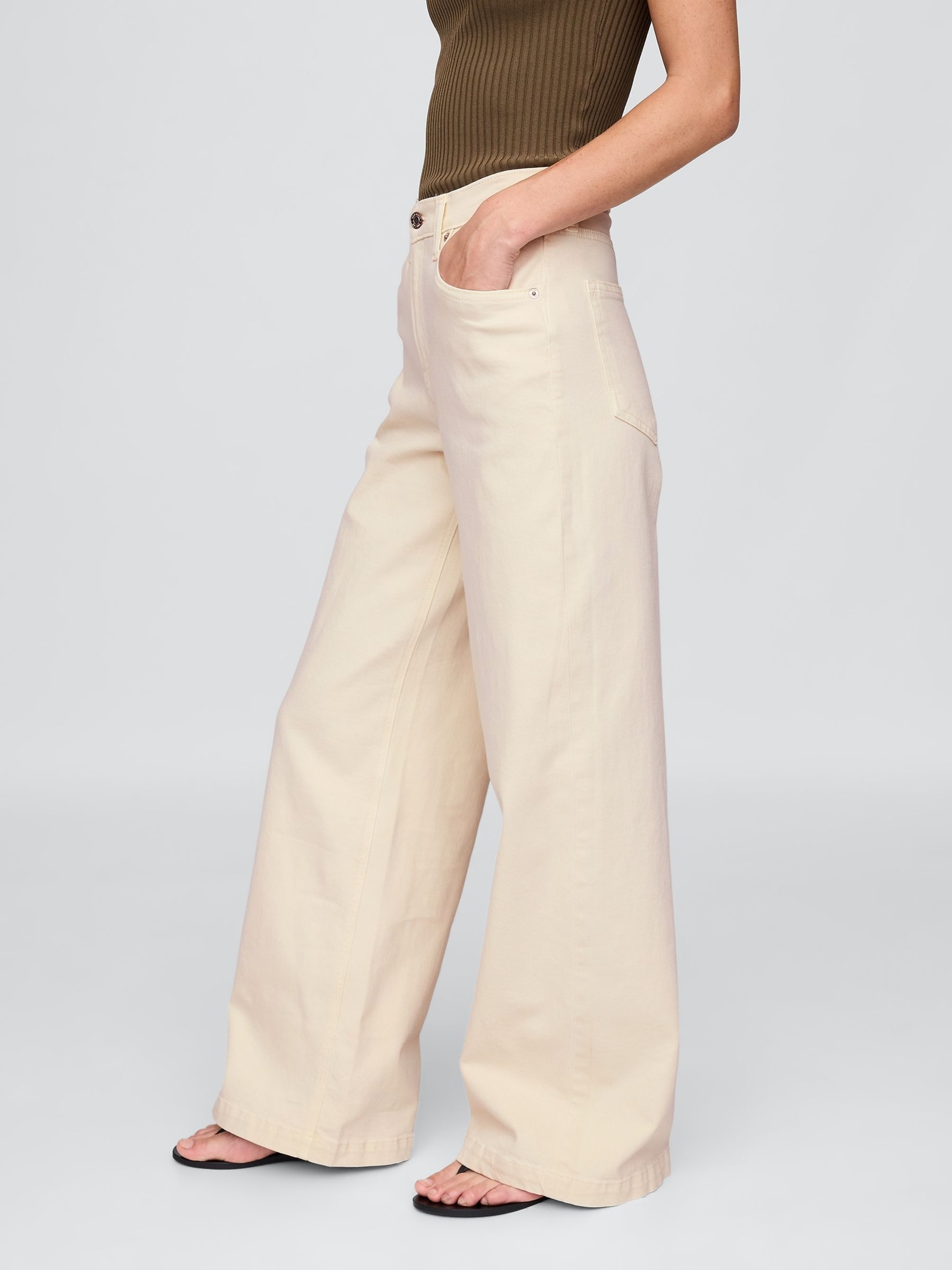 Cream High Waisted Stride Wide-Leg Jeans - Image 4 of 8