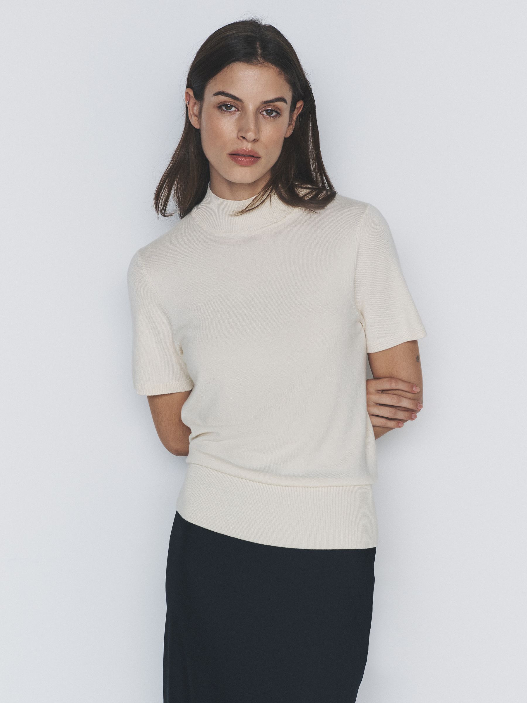 2 Pack High Neck Knit T-Shirts Cream/Navy Blue - Image 1 of 6