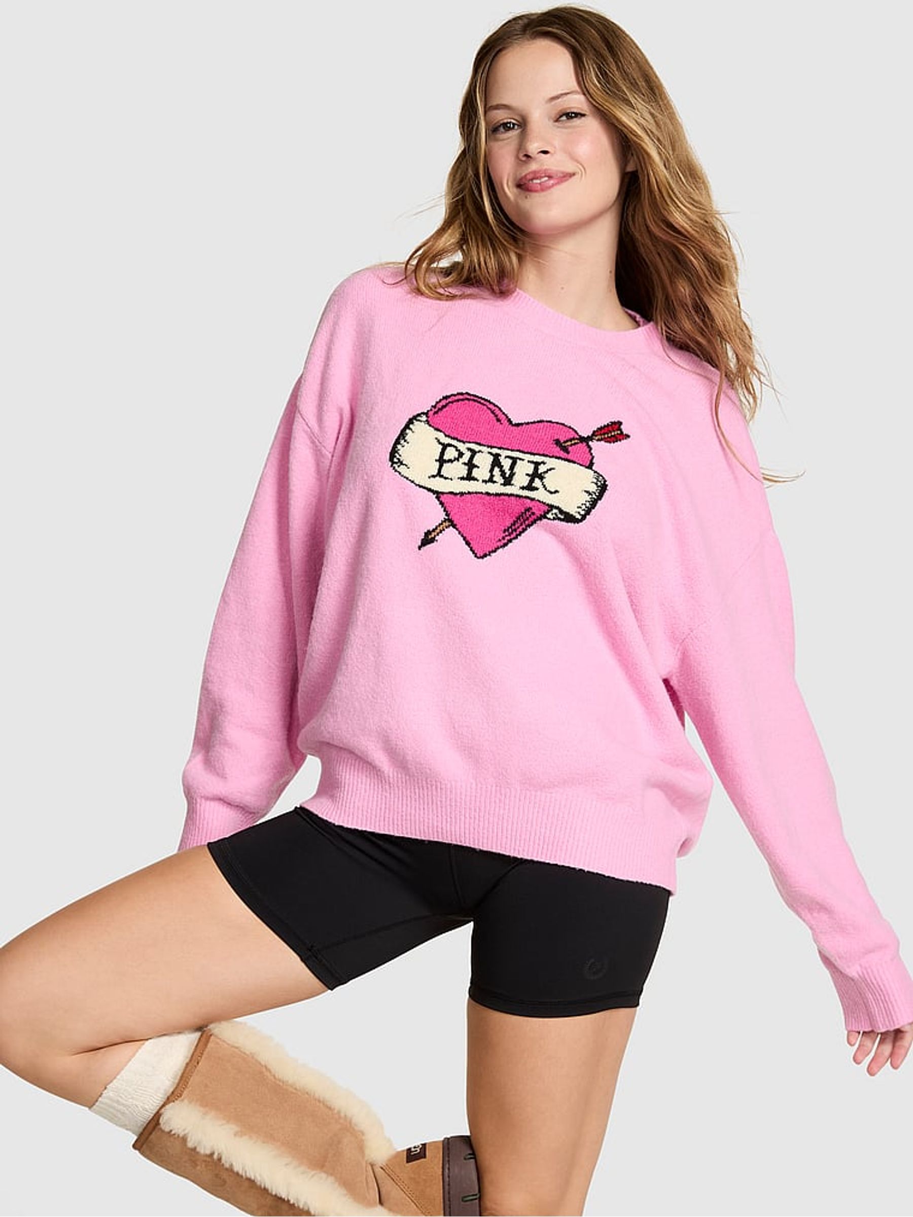 Pink Heart Print Oversized Sweatshirt - Image 1 of 3