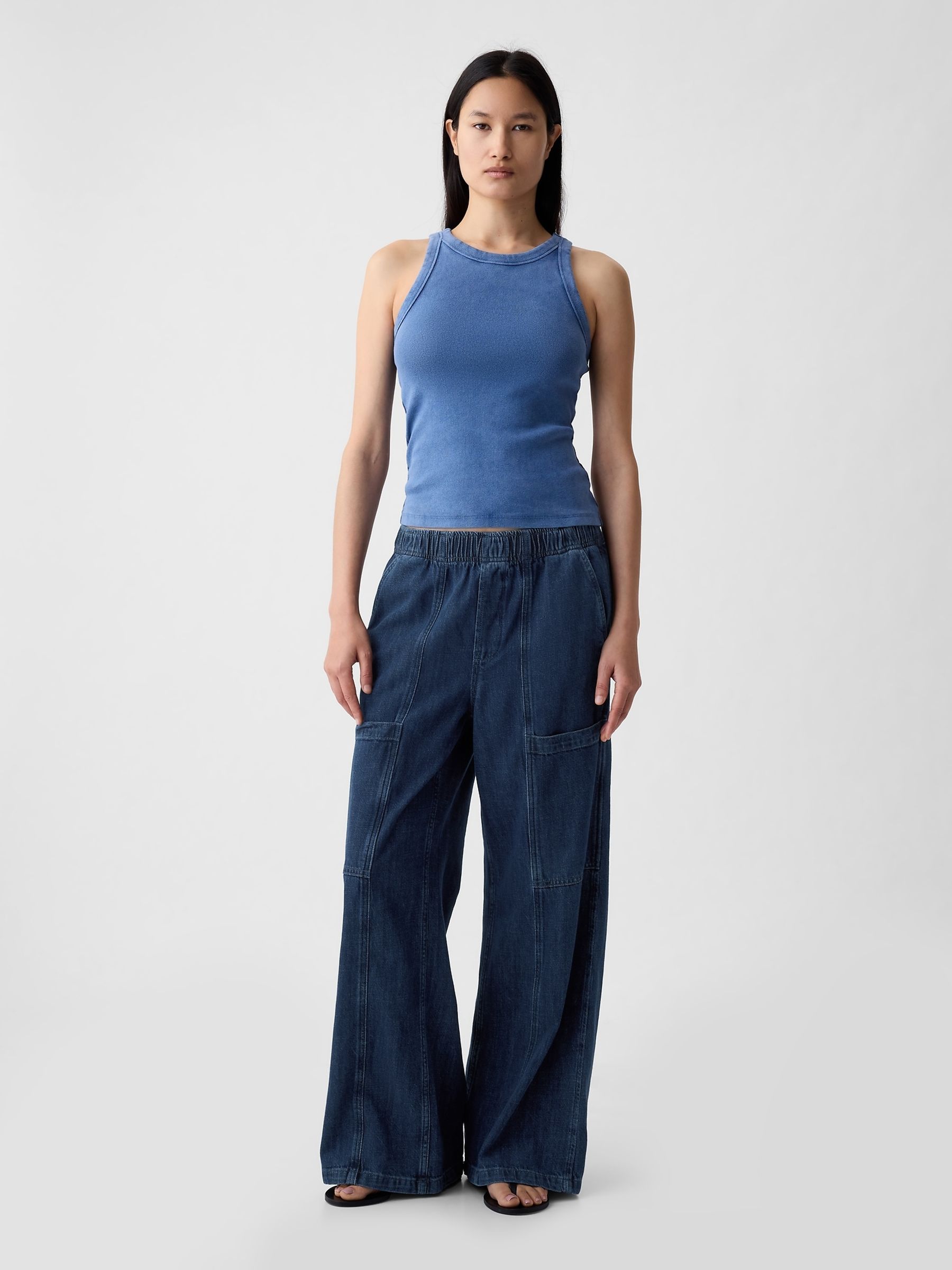 Blue High Waisted Wide Leg Utility Easy Jeans - Image 1 of 7