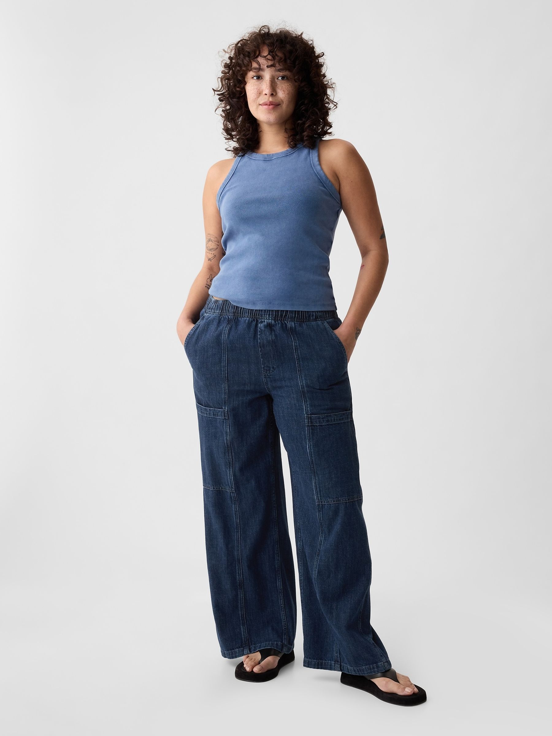 Blue High Waisted Wide Leg Utility Easy Jeans - Image 5 of 7