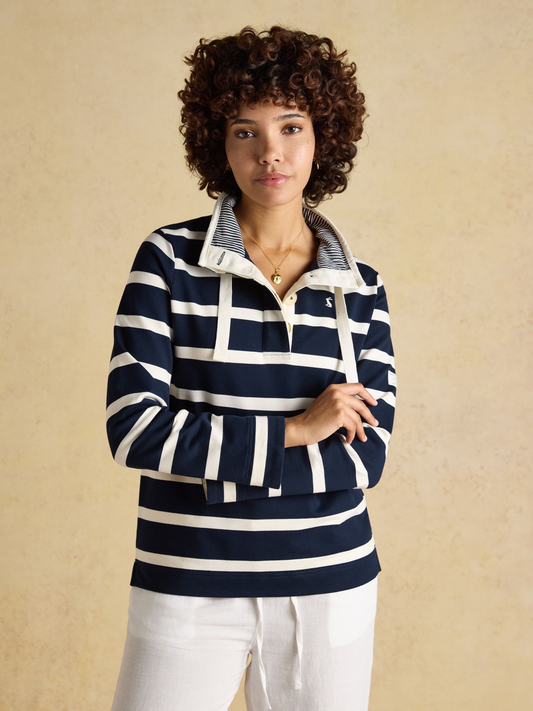 Saunton Navy & Cream Striped Cotton Blend Sweatshirt with Buttoned Funnel Neck - Image 1 of 9