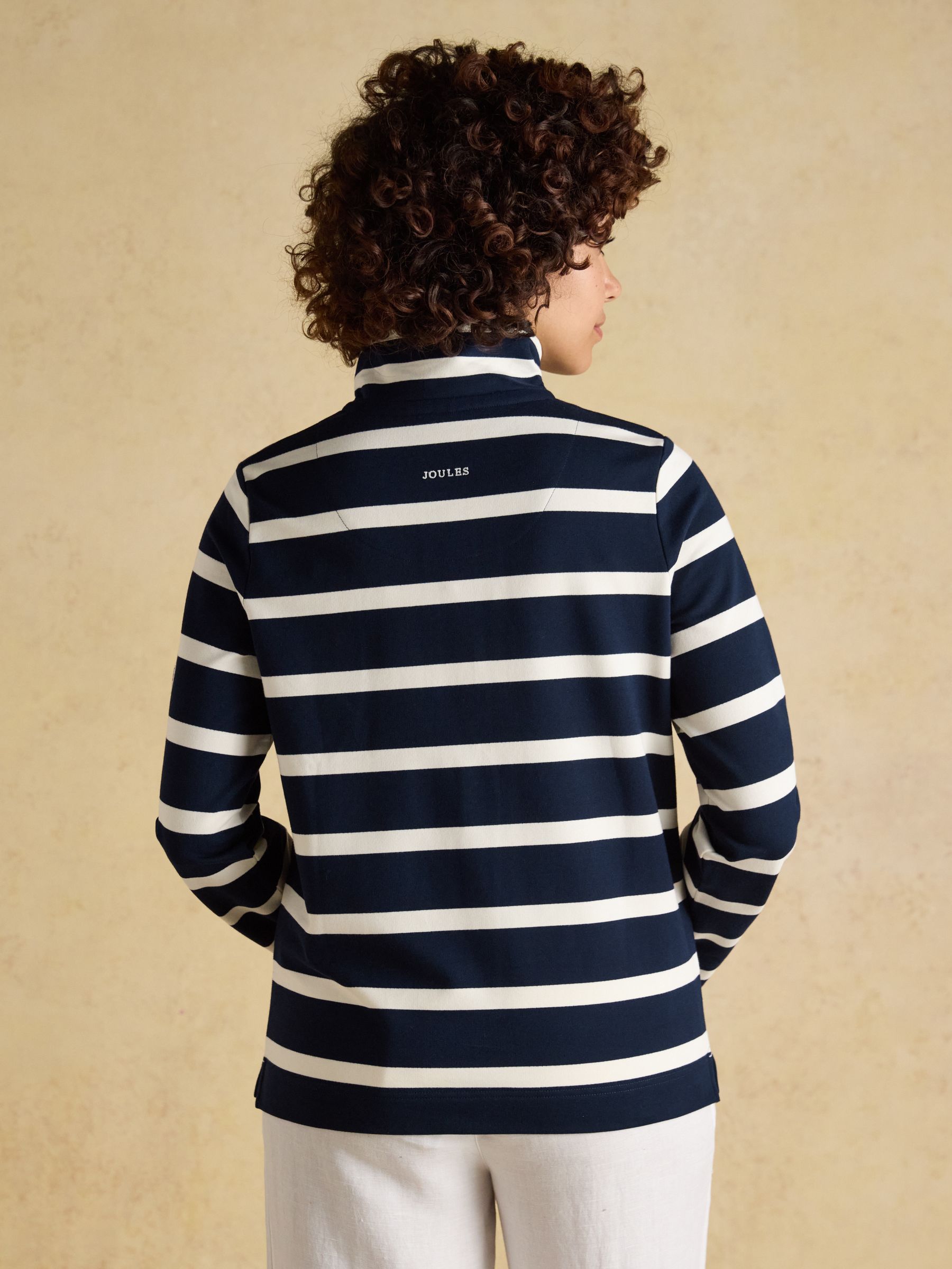 Saunton Navy & Cream Striped Cotton Blend Sweatshirt with Buttoned Funnel Neck - Image 2 of 9