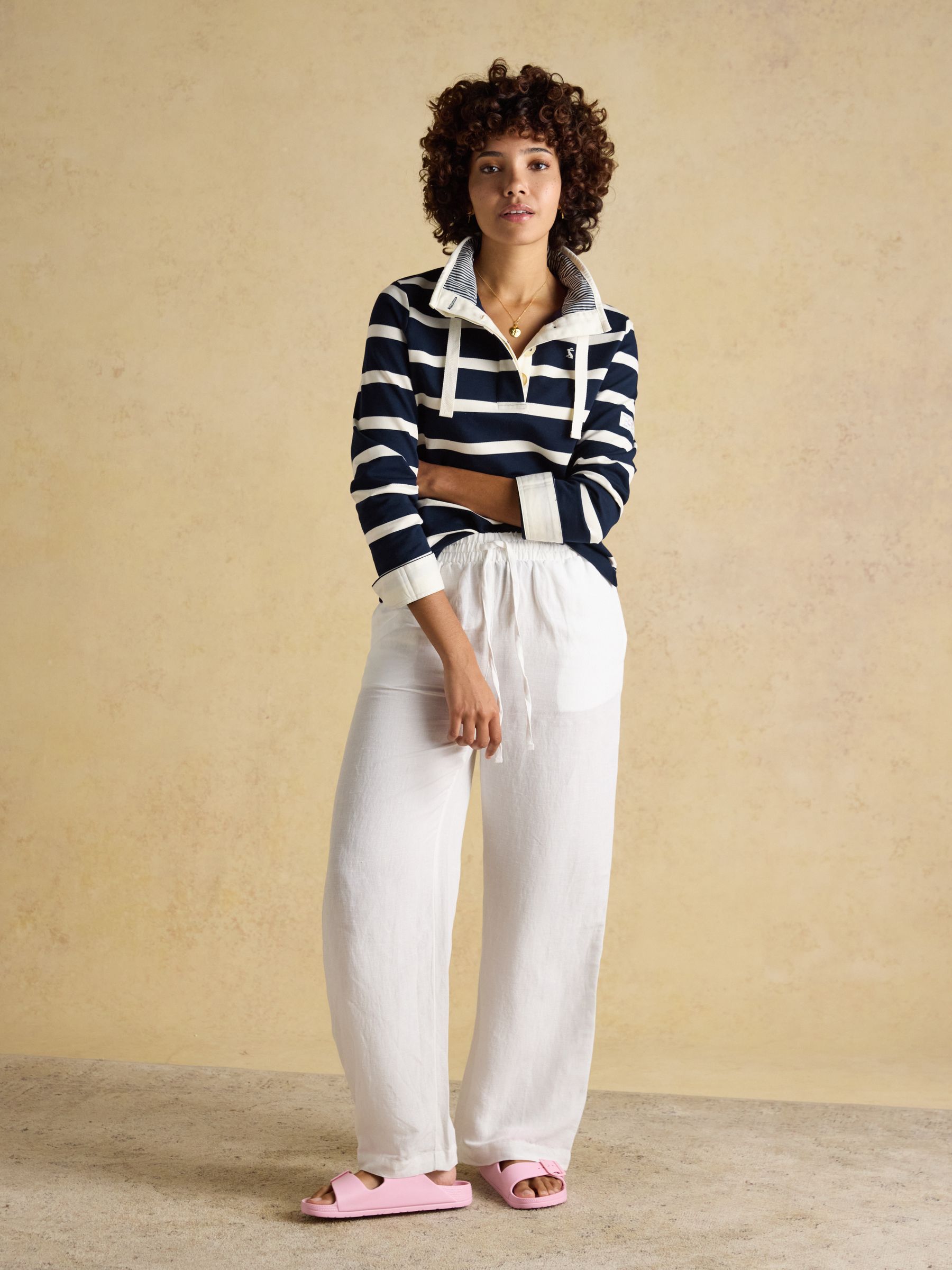 Saunton Navy & Cream Striped Cotton Blend Sweatshirt with Buttoned Funnel Neck - Image 3 of 9