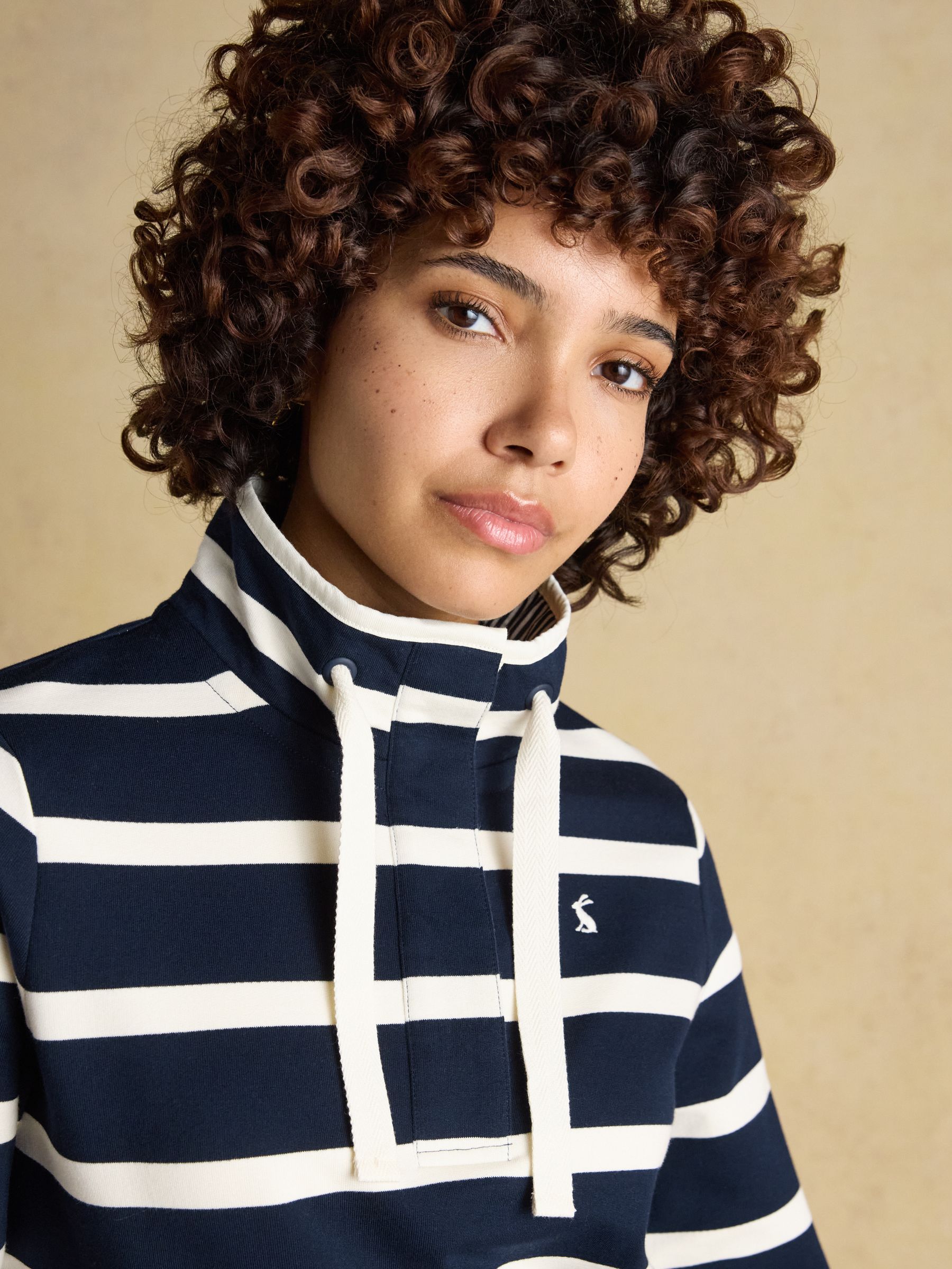 Saunton Navy & Cream Striped Cotton Blend Sweatshirt with Buttoned Funnel Neck - Image 4 of 9
