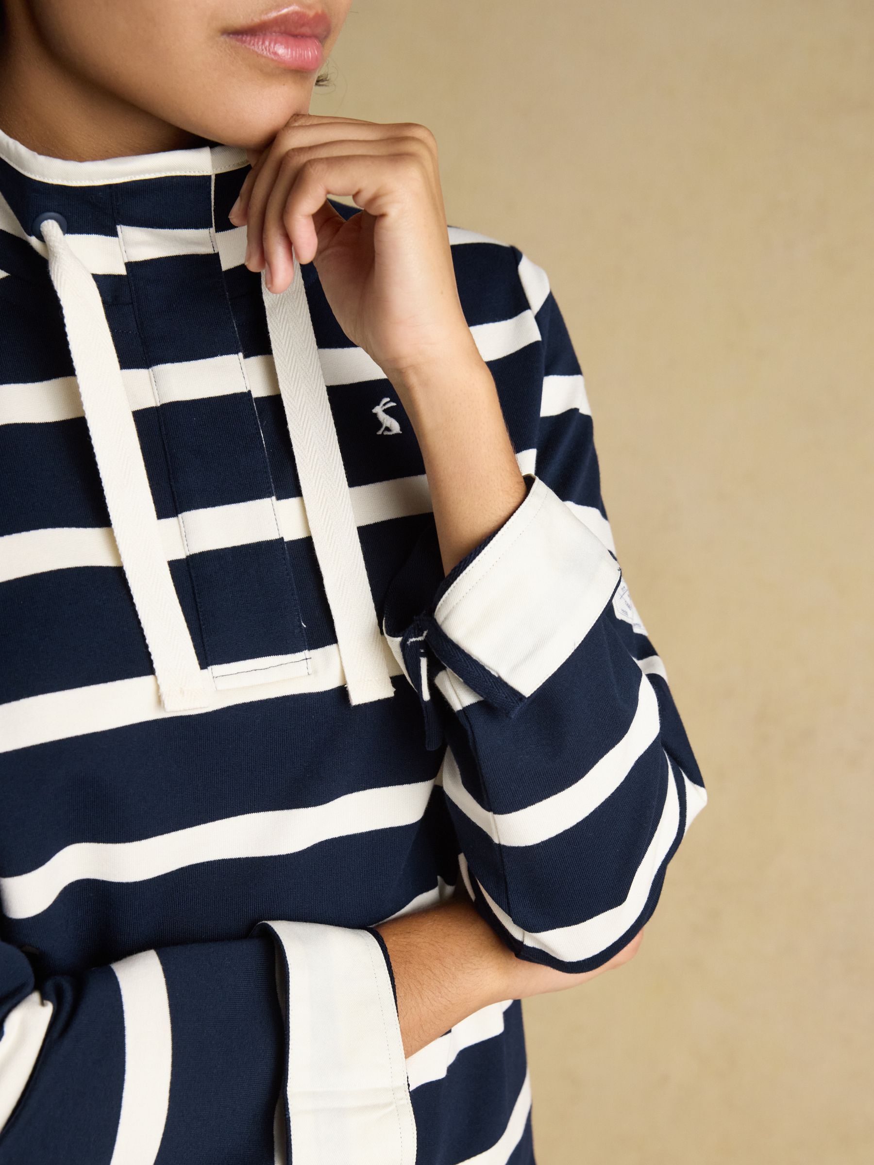 Saunton Navy & Cream Striped Cotton Blend Sweatshirt with Buttoned Funnel Neck - Image 5 of 9