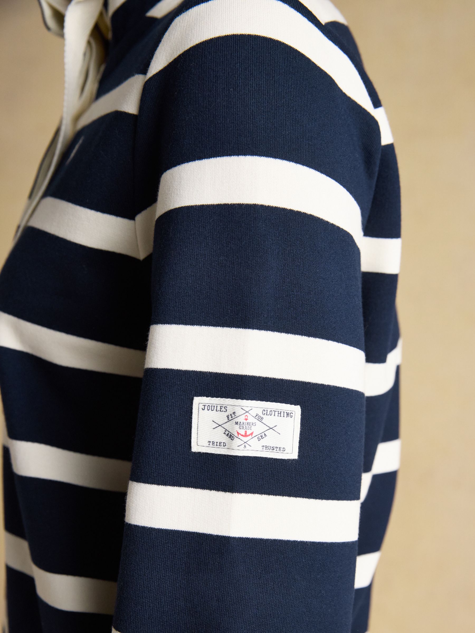 Saunton Navy & Cream Striped Cotton Blend Sweatshirt with Buttoned Funnel Neck - Image 6 of 9